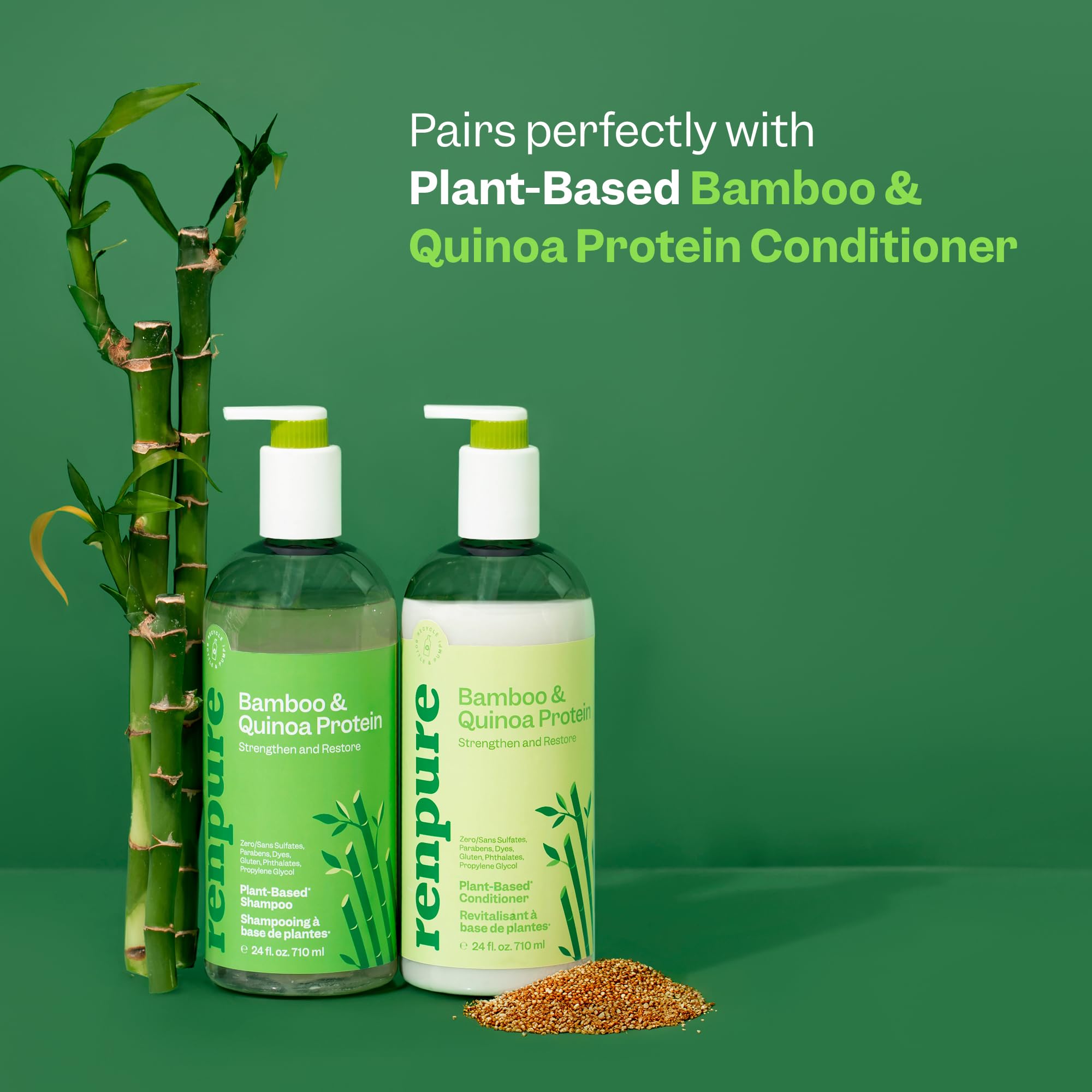 RENPURE Bamboo & Quinoa Shampoo, Plant-Based - Restores, Hydrates & Strengthens For Healthier Hair - For Weak, Dull & Damaged Ha