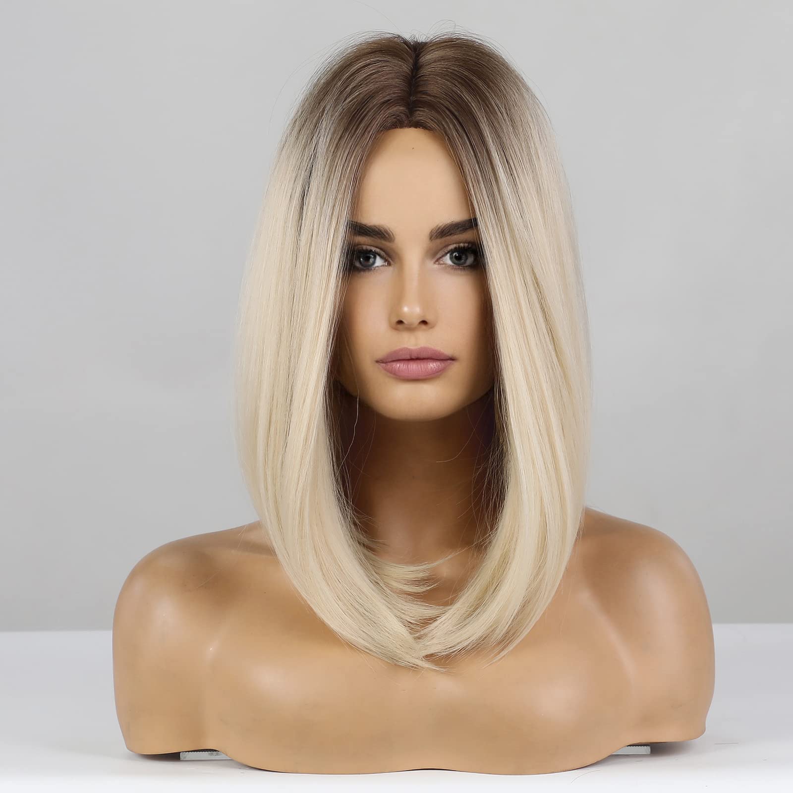 HAIRCUBE Ombre Blonde Bob Wig Shoulder Length Wigs for Women Dark Brown Roots Middle Part Heat Resistant Fibre Synthetic Wig Dai