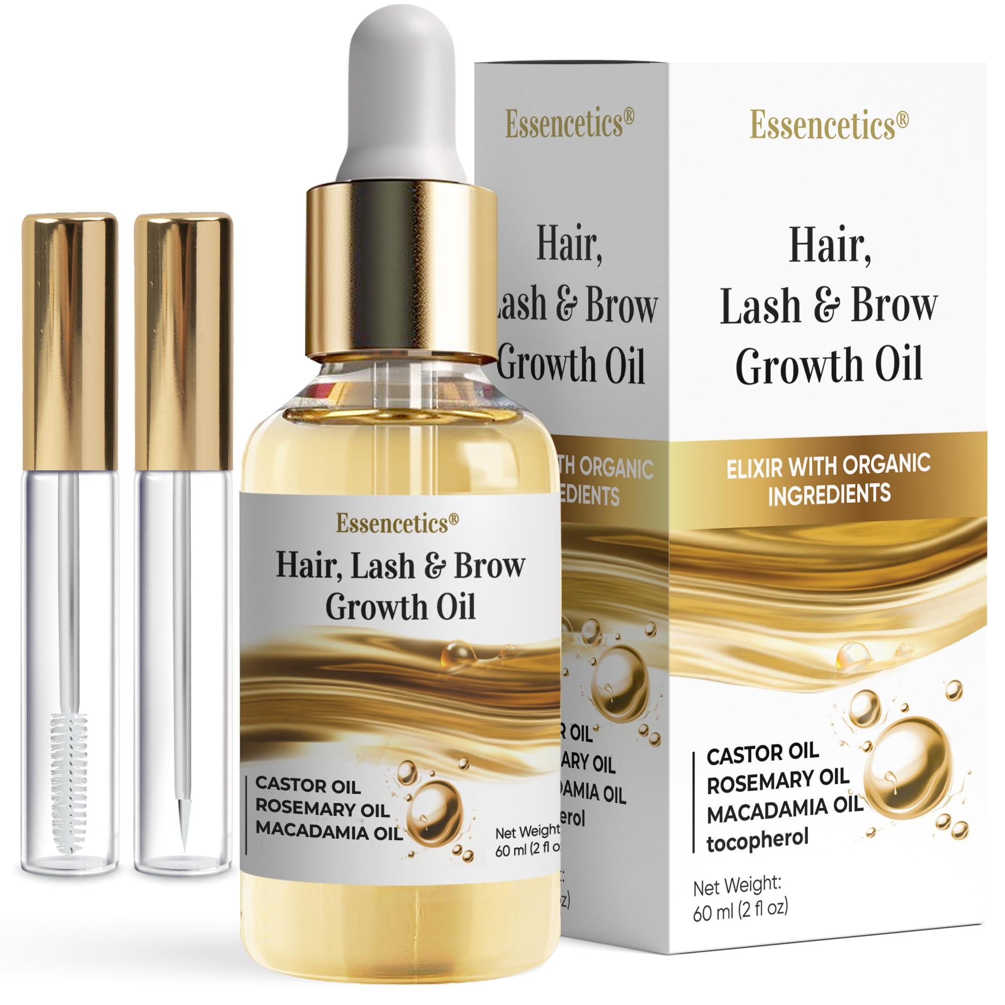 Castor Oil Organic Cold Pressed Unrefined Glass Bottle, Eyebrow Eyelash Growth Serum, HexaneFree, Pure Rosemary, Macadamia Infu