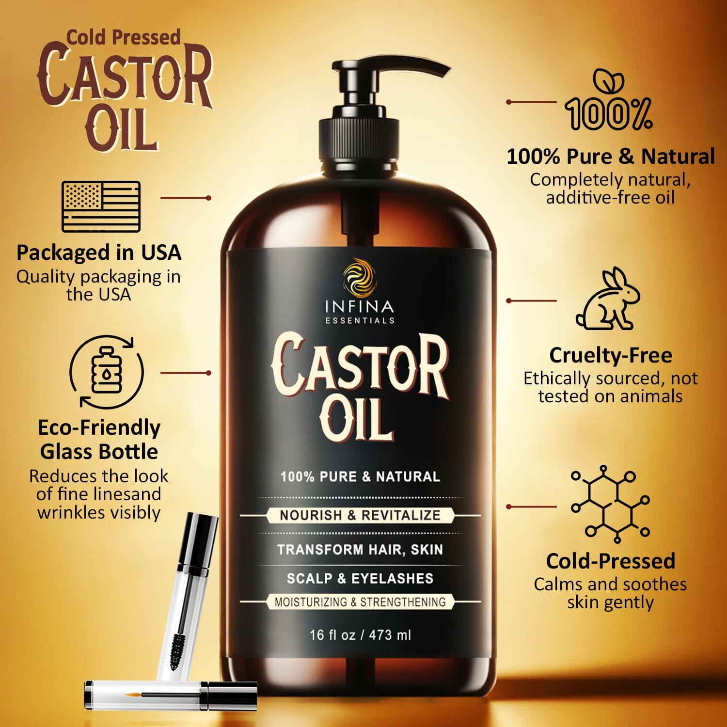 Infina Essentials Pure Cold Pressed Castor Oil - Hexane Free, Glass Bottle For Hair Growth, Face, Scalp, Skin & Eyelashes - Nour