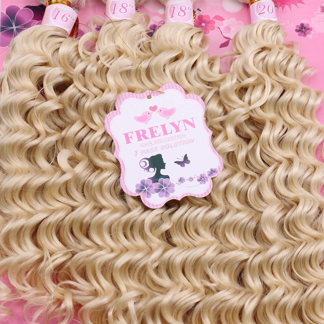 FRELYN Deep Wave Hair Bundles Blonde Curly Synthetic Hair Weave Extensions Color 613# 4 Pieces/pack (16 18 18 20) Texture Soft A