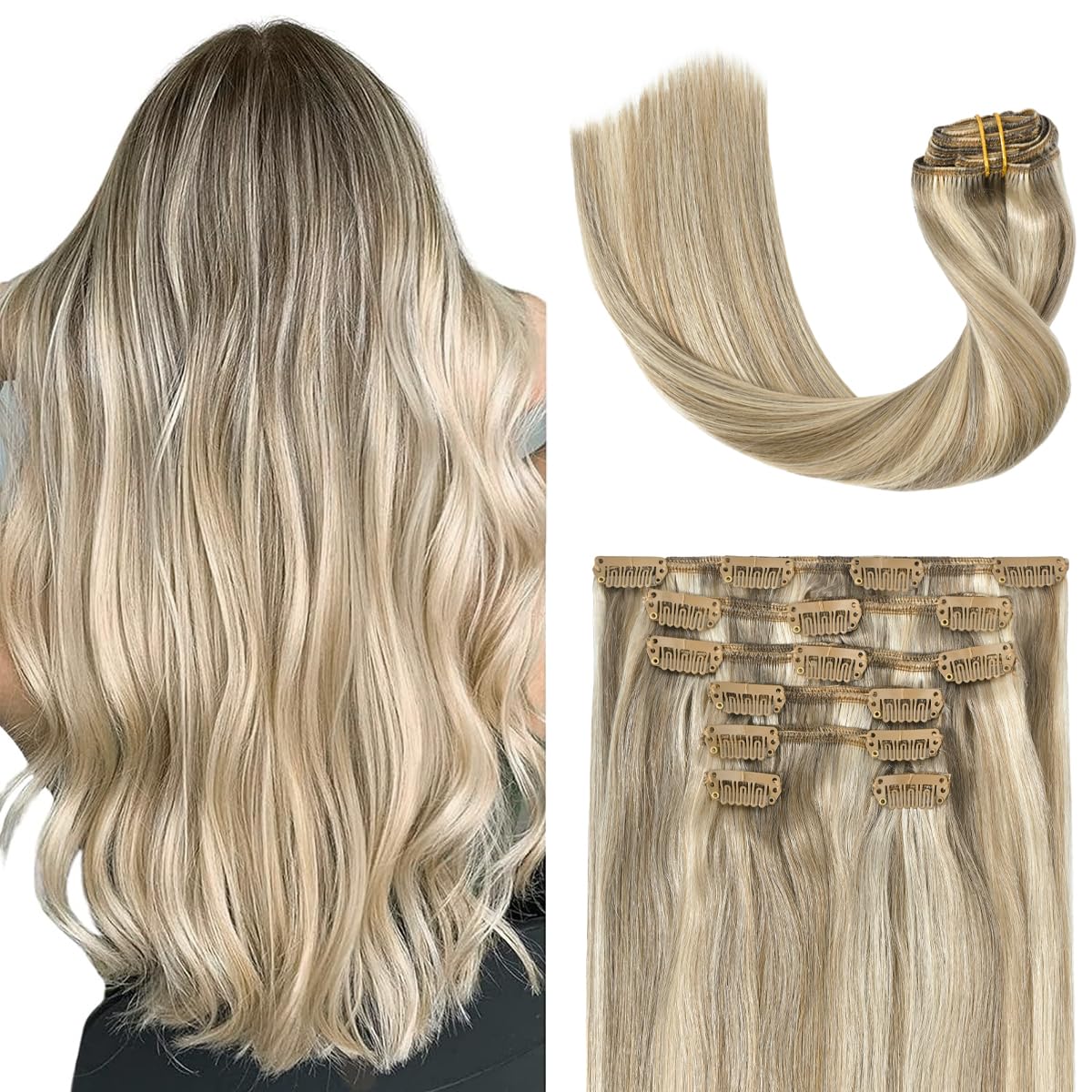 UGOTRAYS Blonde Clip in Hair Extensions Real Human Hair - 12 inch 70g Ash Blonde Mixed Bleach Blonde Straight 7pcs Double Weft -