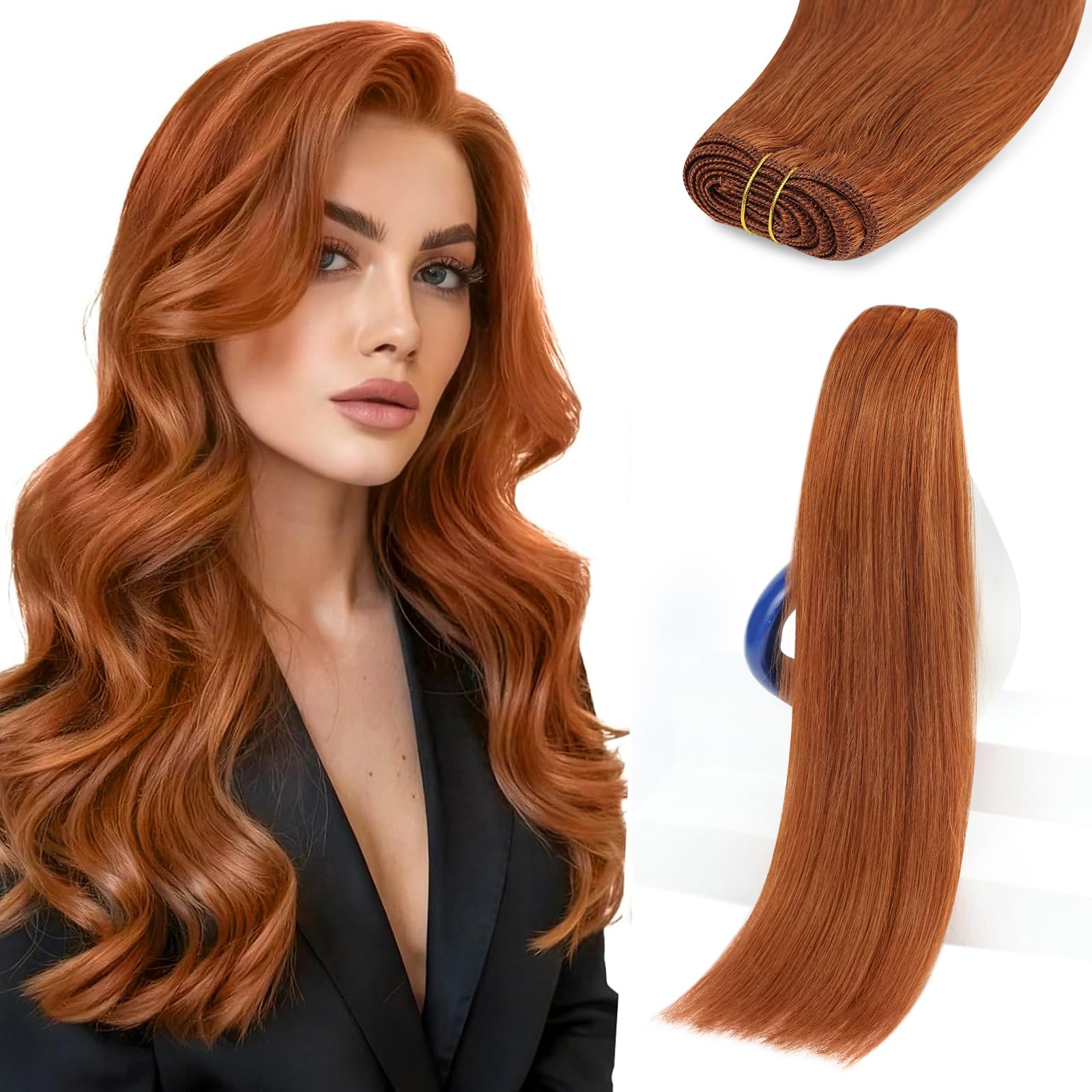 Sunny Hair Sew in Hair Extensions Real Human Hair 16 Inch Copper Orange Hand-Tied Bundles Soft Silky Hair for Women Instant Volu
