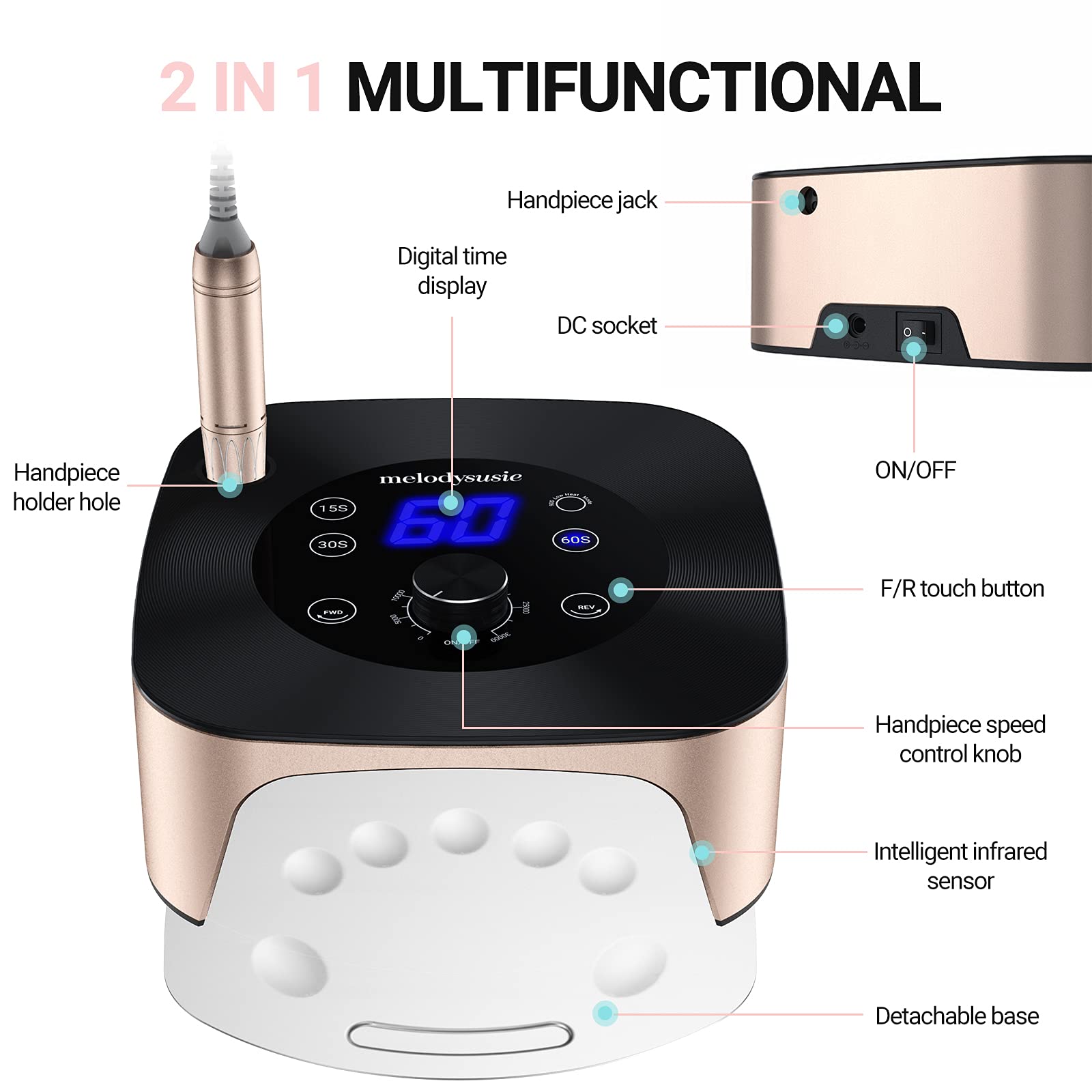Melodysusie Professional 2 In 1 Nail Drill With Nail Lamp, Xc320C, 30000 Rpm Nail Drill, Nail Dryer With 4 Timer Setting Sensor