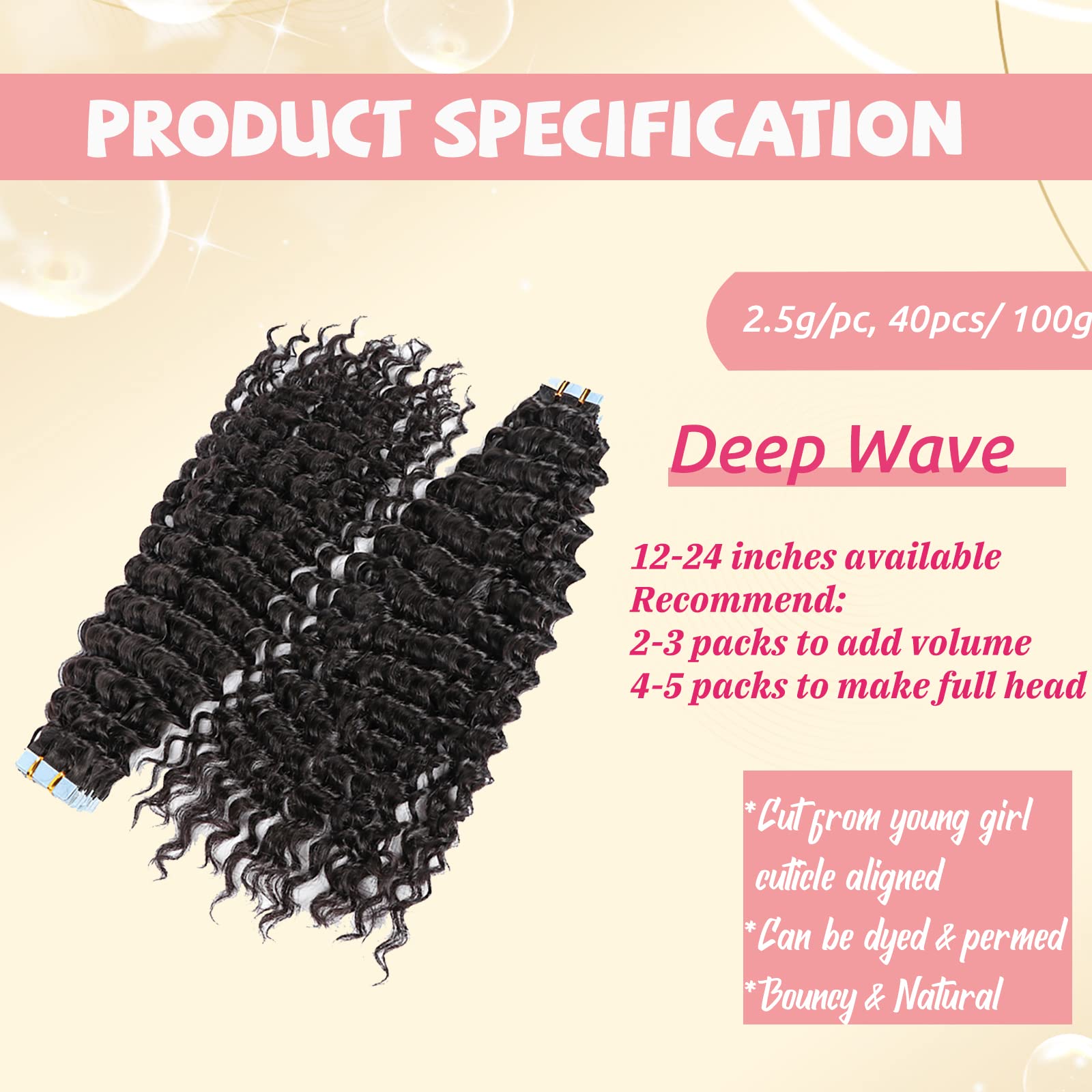 Deep Wave Tape In Hair Extensions Real Human Hair, 24'' Wave Natural Black Tape In Extensions Double Sided Human Hair Tape In Ex