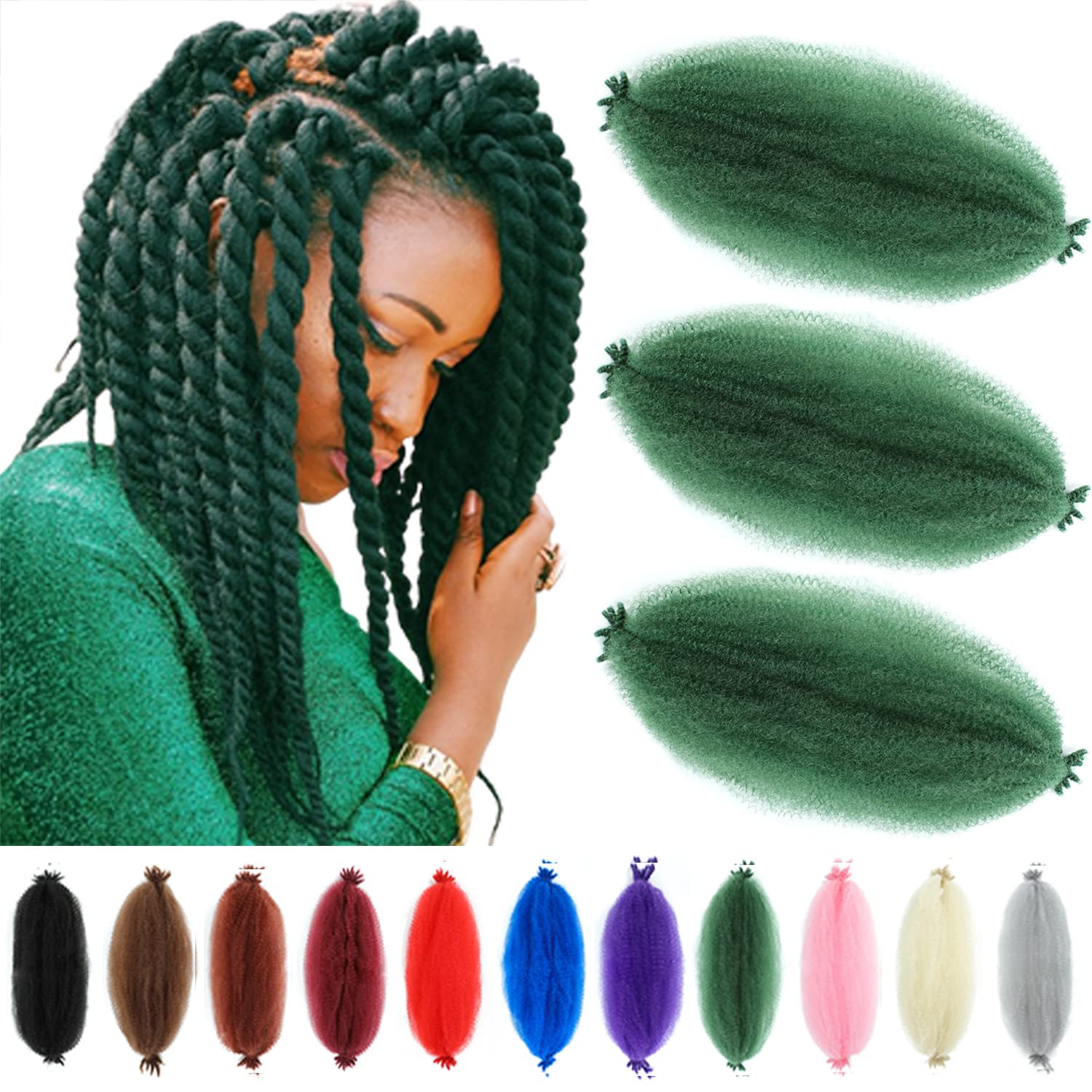 Springy Afro Twist Hair 12 Inch 3 Packs Green Color Pre Fluffed Marley Twist Braiding Hair for Black Women (12 inch, Green)
