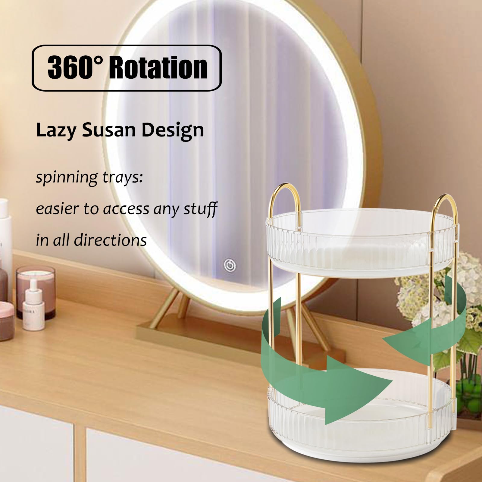 Zufudo Rotating Makeup Organizer 2 Tier Lazy Susan Trays Skincare Perfume Organizer For Bathroom Counter Vanity, Transparent