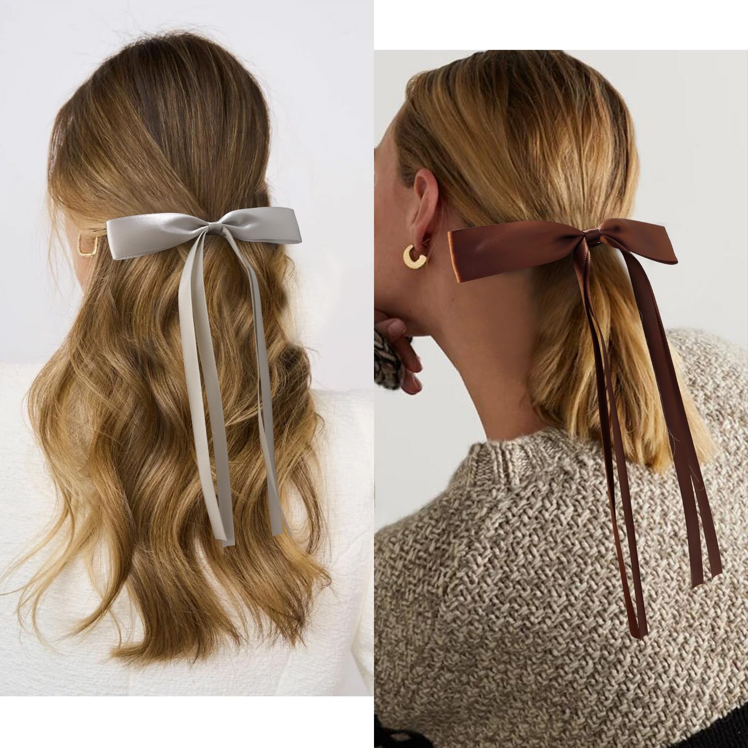 Atoden Hair Bows Hair Ribbon Tassel Bow Hair Clips 8 Pcs Coquette Bows Silky Satin Long Tail Bowknot Hair Clips Alligator Clips