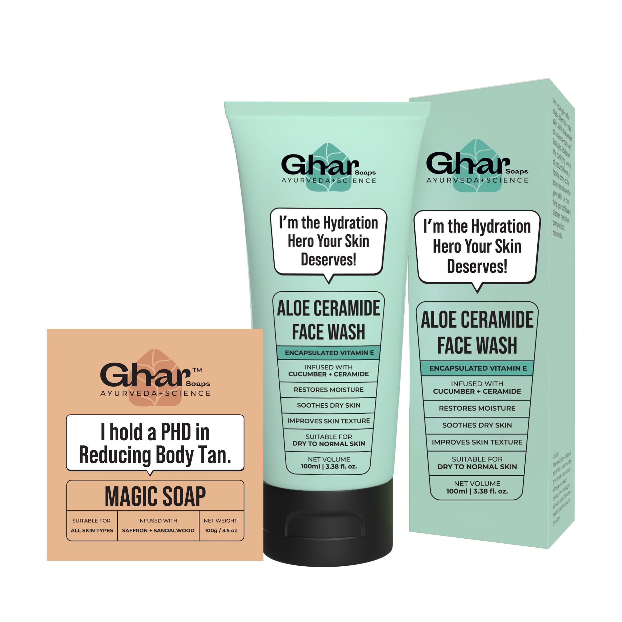 Ghar Soap Hydrating & DeTan Soap Duo  Magic Soap + Alo Ceramide Face Wash | With Ceramides, Cucumber, Saffron, Coconut Oil & V