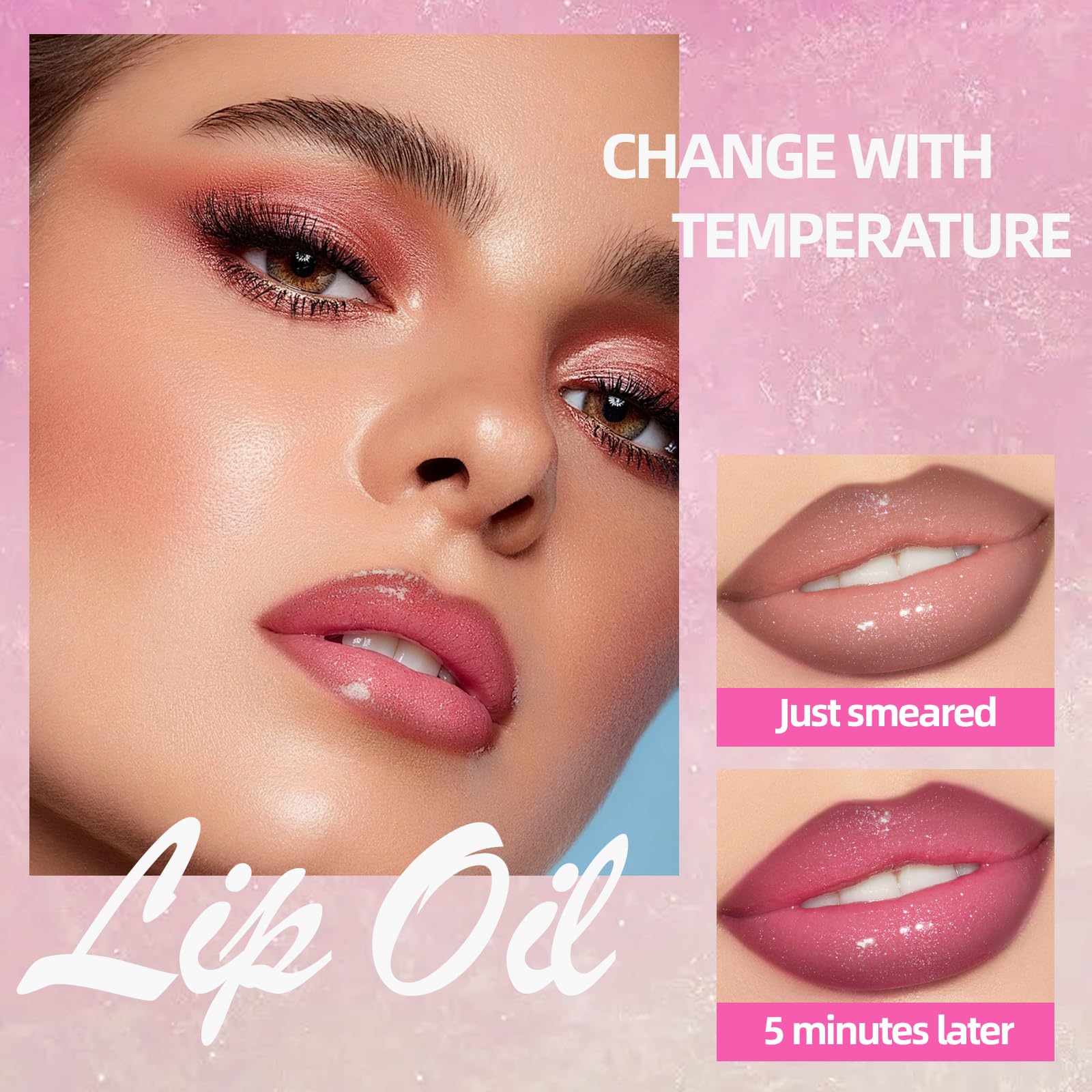 Hosaily Magic Color Changing Lip Oil With Brown Lip Liner,Big Brush Head Hydrating Non-Sticky Moisturizing Lightweight Pink Glit