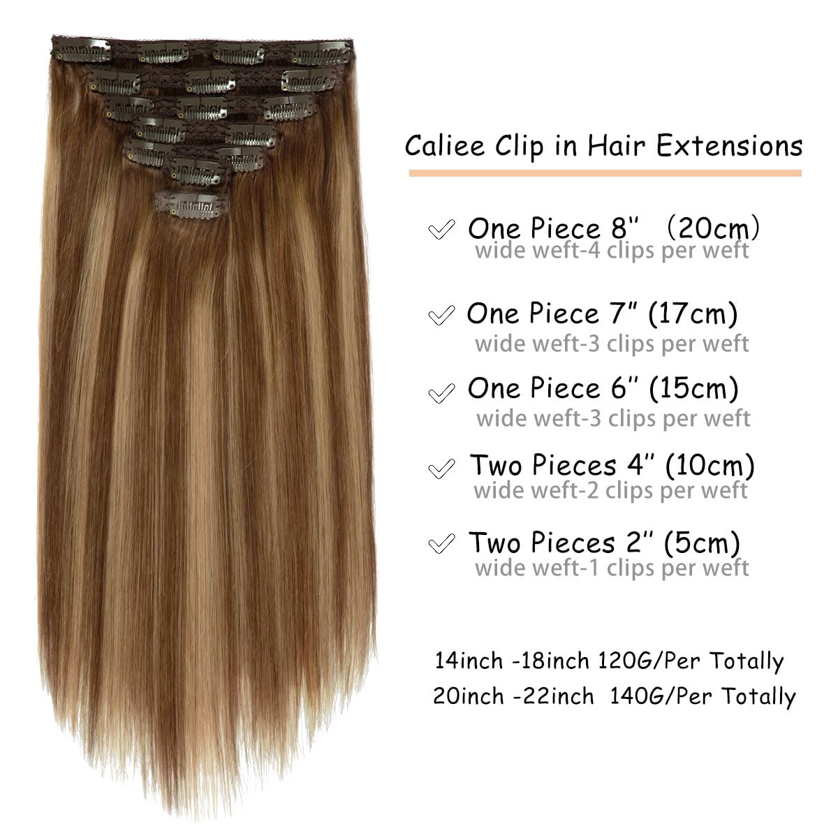 Caliee Balayage Chocolate Brown and Caramel Blonde with Brown Roots 18inch Clip in Hair Extensions Human Hair Silky Straight 120