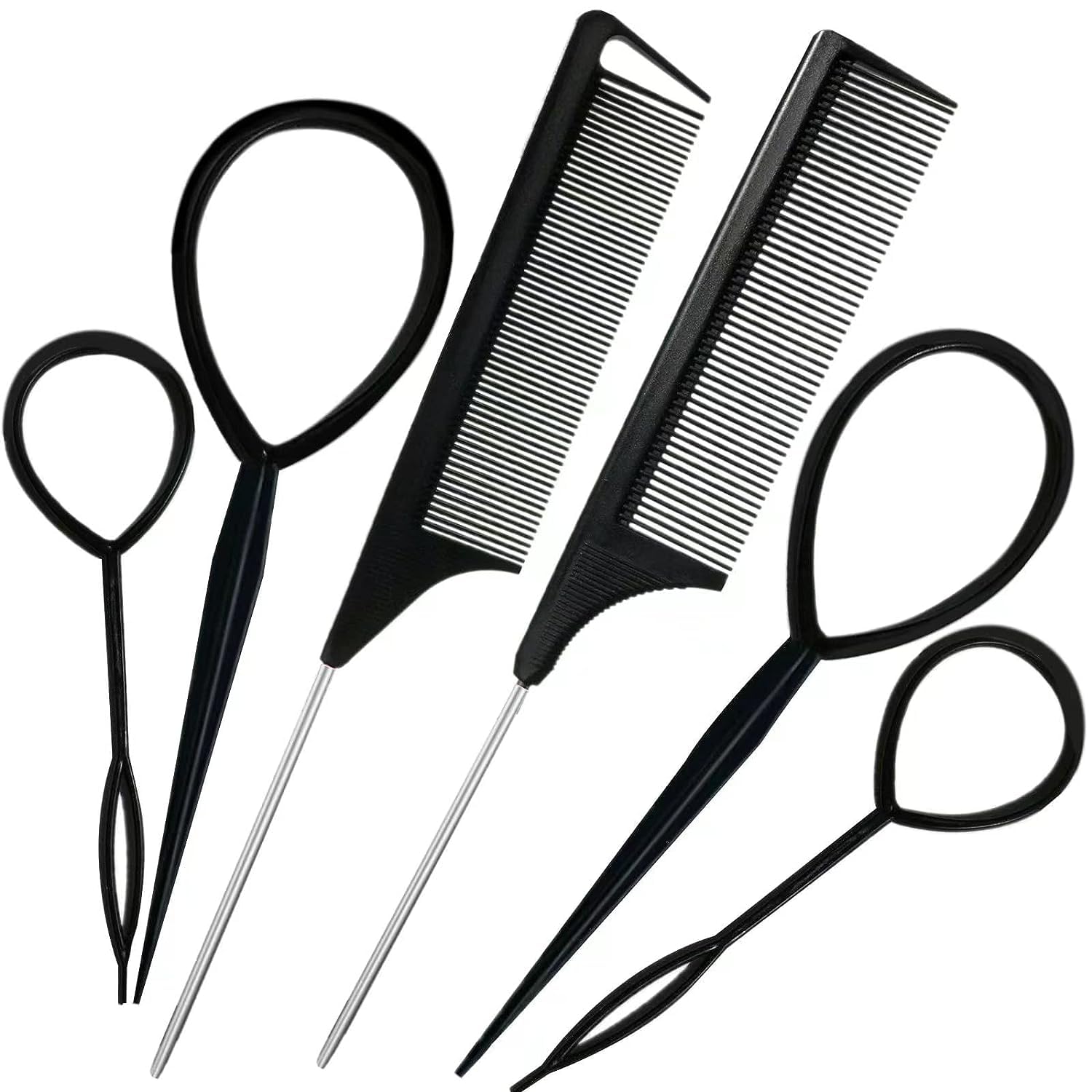 Hair Tail Tool & Rat Tail Comb 6Pcs Hair Loop Styling Tools Set With 2Pcs Metal Pin Heat Resistant Rat Tail Combs, 4Pcs Pony Tai