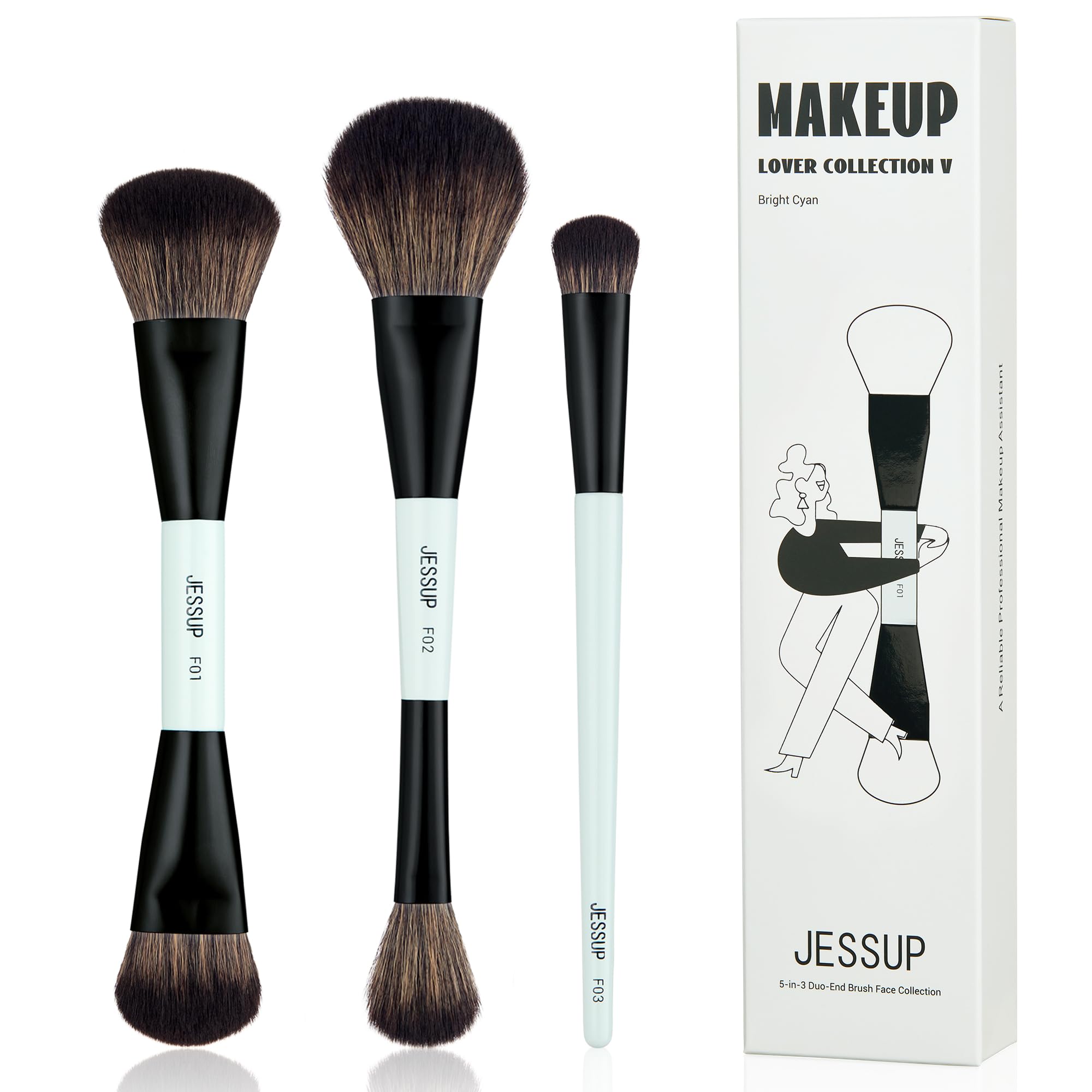 Jessup Face Makeup Brushes Blue 3Pcs Double Ended Makeup Brush For Foundation Contour Blush Highlight And Concealer Brush, Premi