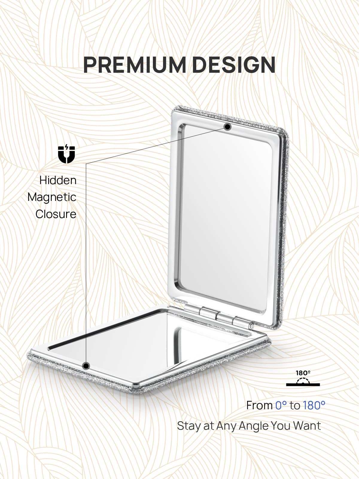 Omiro Compact Mirror, Glitter Pu Leather 1X/3X Magnification, Ultra Portable For Purses, 2.4'' W X 3.4'' L (Silver)