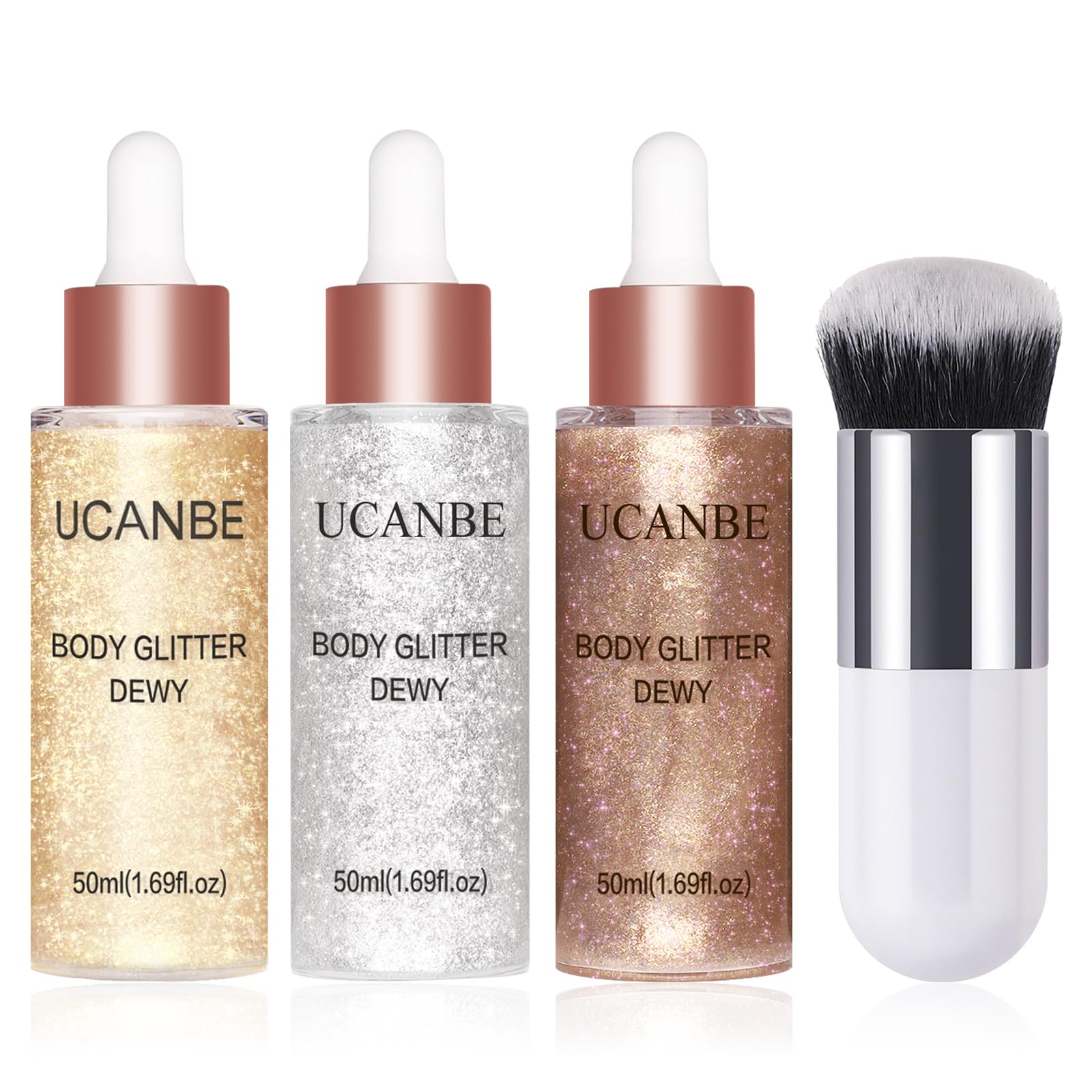 UCANBE 3 Pcs Face Body Glitter Liquid Highlighter Illuminator Dewy Drops with Makeup Brush, Makeup Sparkle Shine Luminizer Enhan