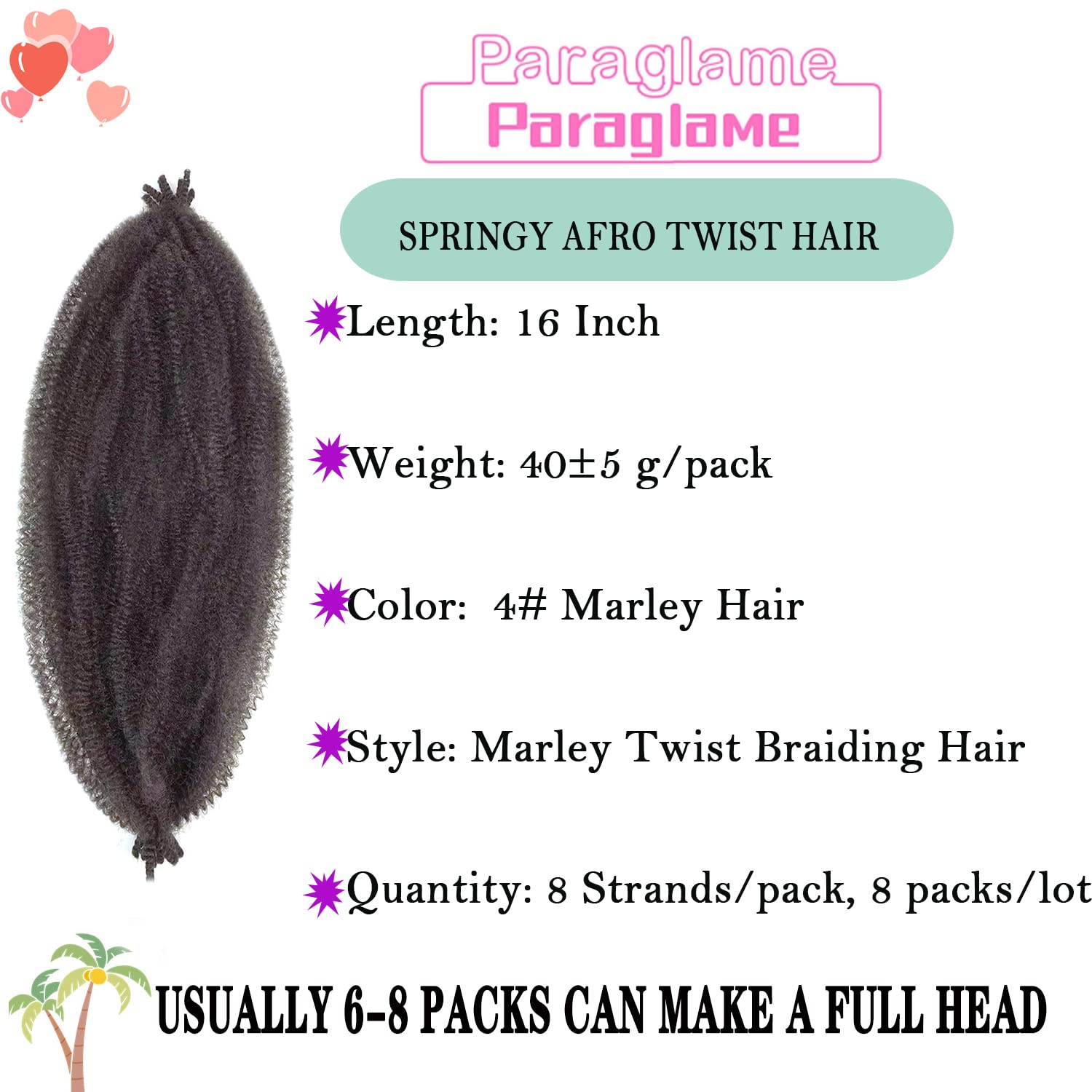 Paraglame Marley Hair 16 Inch Springy Afro Twist Hair 8 Packs Marley Twist Braiding Hair, Wrapping Hair for Soft Locs, Afro Spri