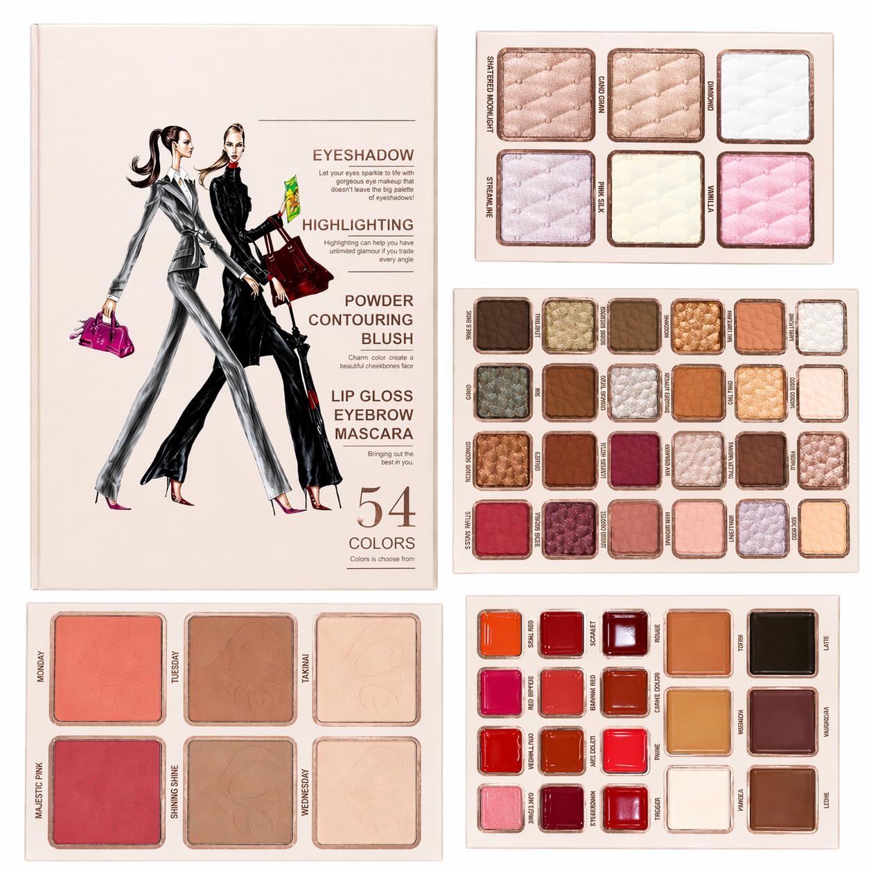 54 Colors Makeup Palette Kit  Eyeshadow, Highlighter, Blush, Contour, Lip Gloss & Eyebrow Set  AllInOne Professional Makeup 