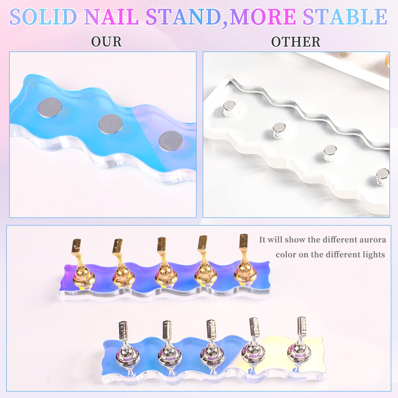 ANGNYA Nail Stand for Press on, 2 Set Aurora Nail Holder for Painting Nails Press on Nail Stands with 96 Pcs Reusable Sticky Put