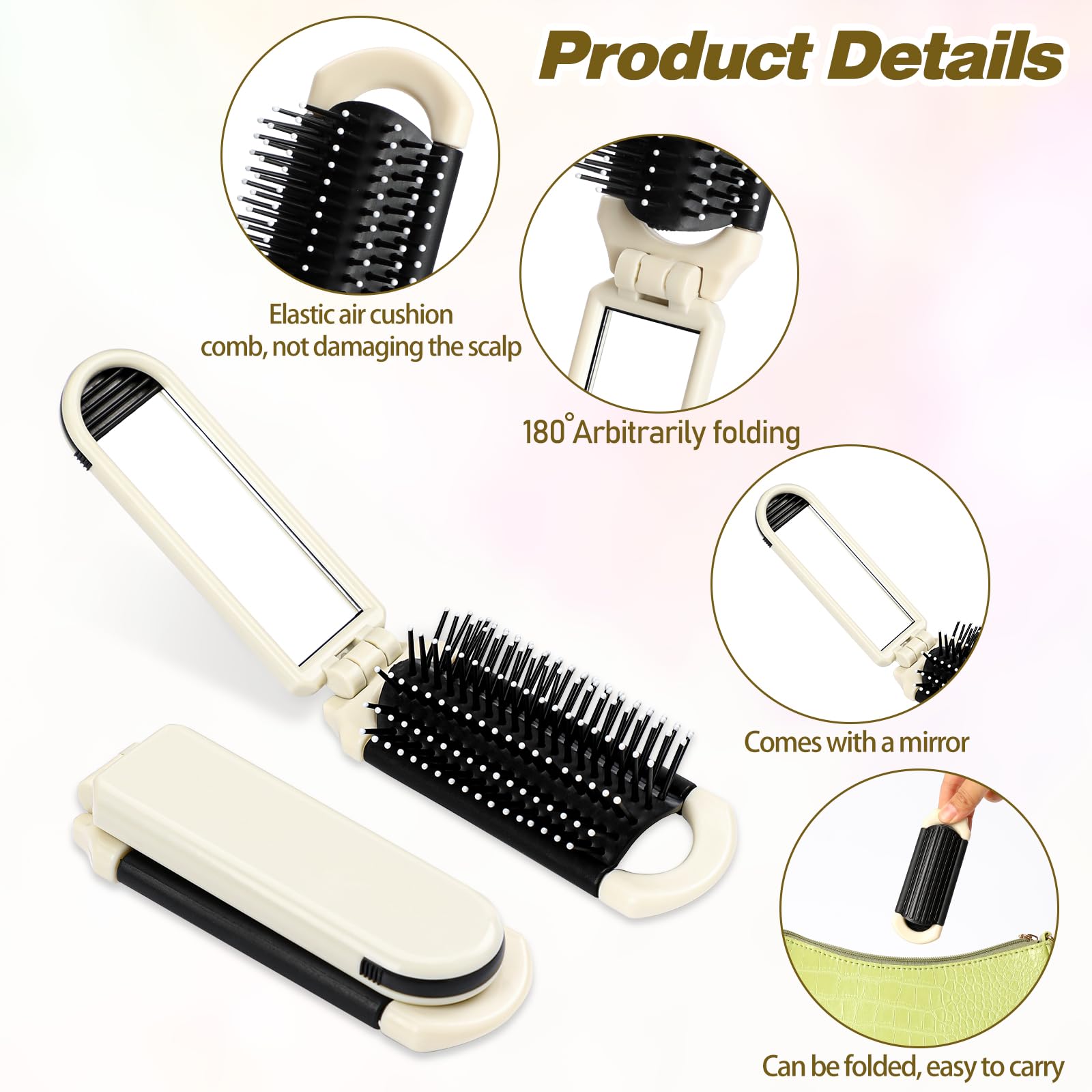 Foldable Travel Hair Brush With Mirror Collapsable Pocket Size Brush Mini Hair Brush Massage Comb Compact Hair Brush Hair Stylin