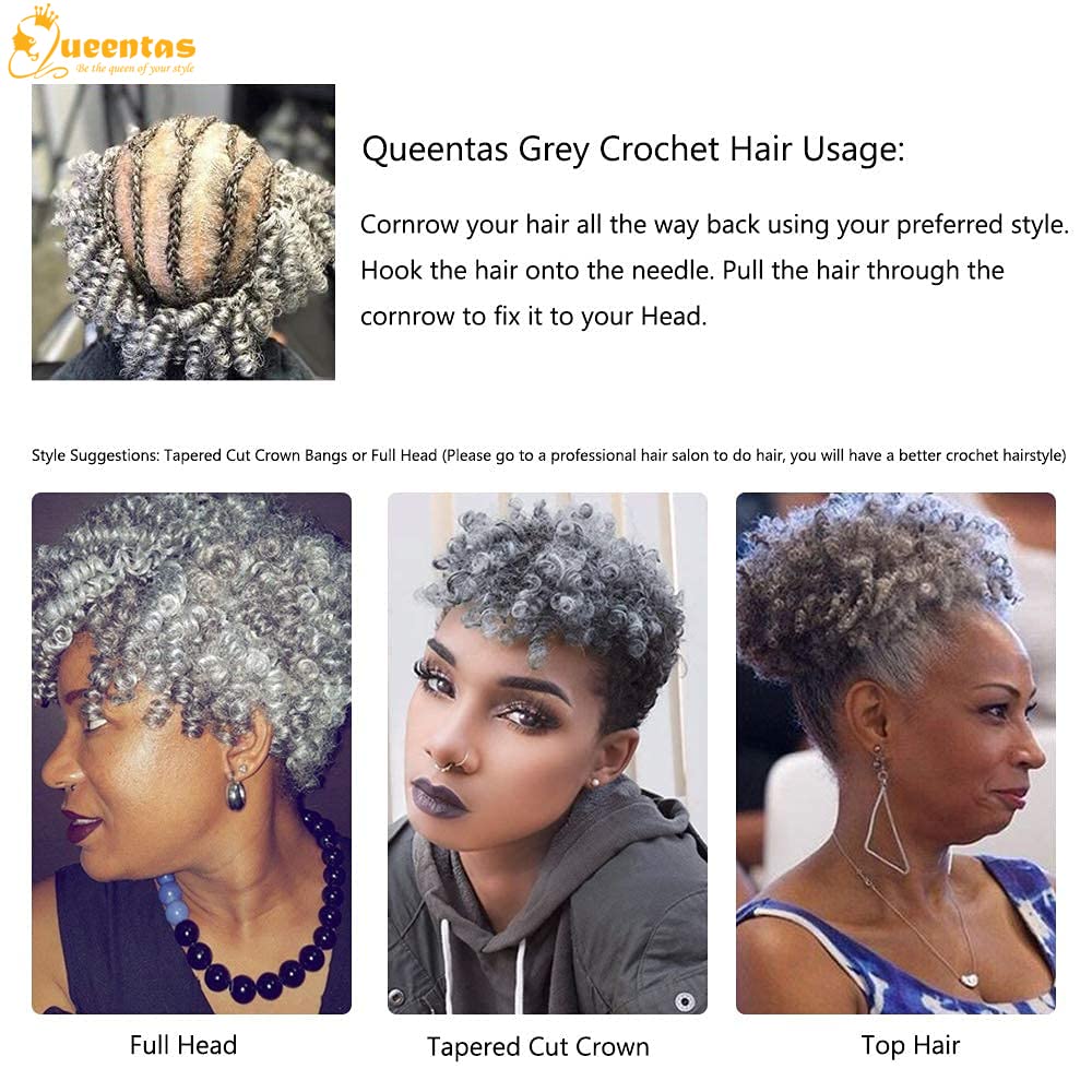 Queentas 10Inches Grey 3 Pack Saniya Kenzie Toni Curl Crochet Carrie Curl(8Mm) Synthetic Hair Extensions Afro Passion Twist Kink