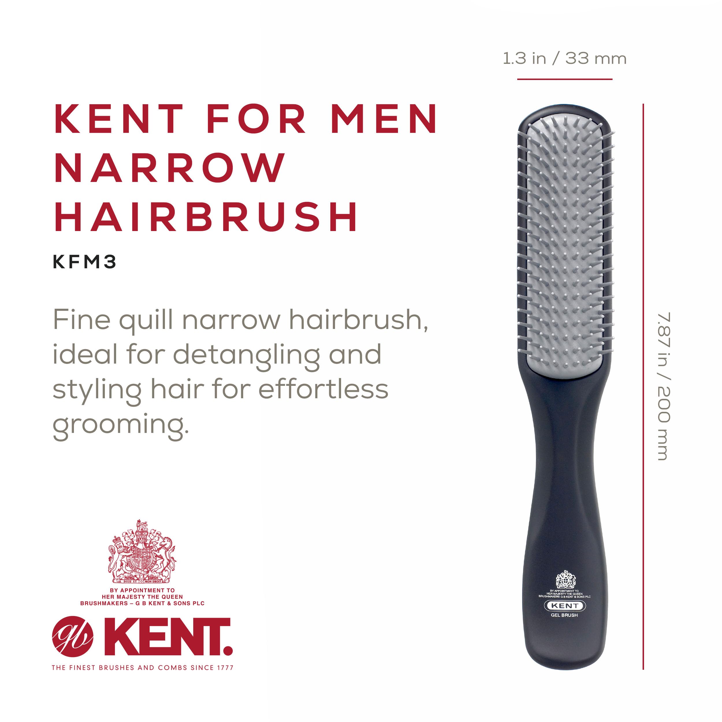 Kent KFM3 Black Half Round Narrow Detangling Hair Brush - 9 Row Ionic Anti Static Non Scratch Nylon Bristle Gel Styler Great for