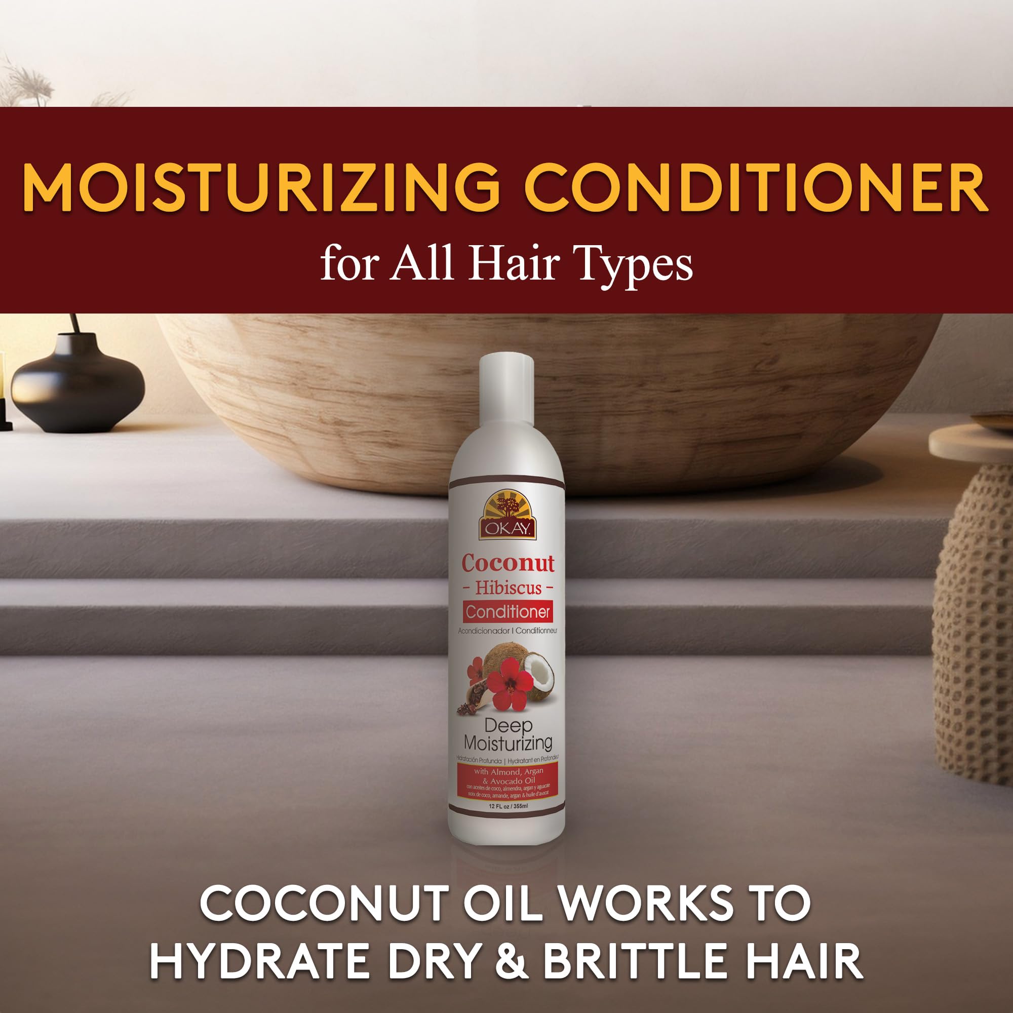 OKAY | Coconut Hibiscus Conditioner | For All Hair Types & Textures | Restore - Hydrate - Strengthen | With Almond, Argan & Avoc