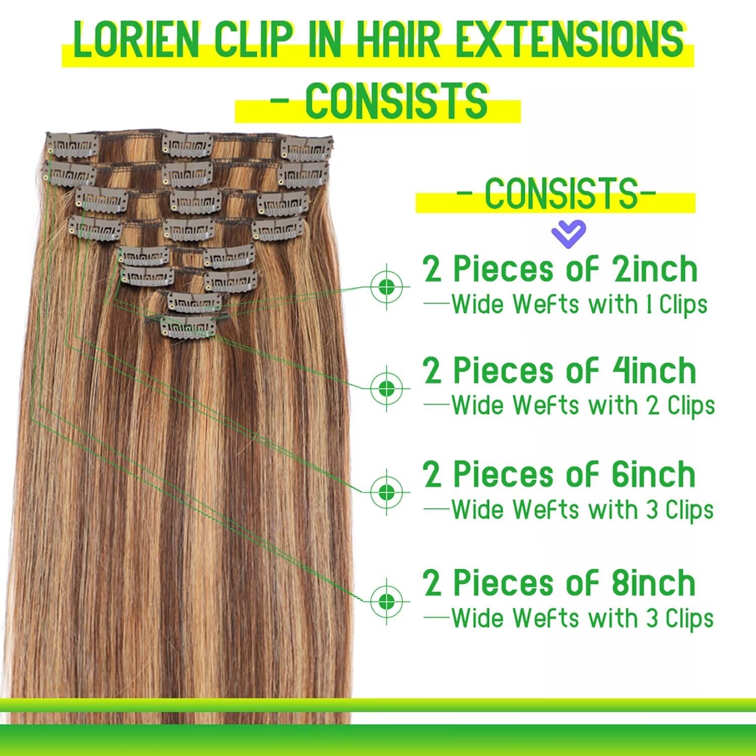Lorien Clip In Hair Extensions Real Human Hair, 20 Inch 105G,4/27 Chocolate Brown To Caramel Blonde, Clip In 100% Brazilian Remy