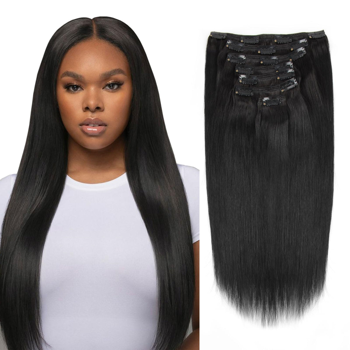Sassina Double Wefts Silky Straight Clip in Human Hair Extensions for Full Head Silky Straight Clip ins Thick Human Hair Extensi
