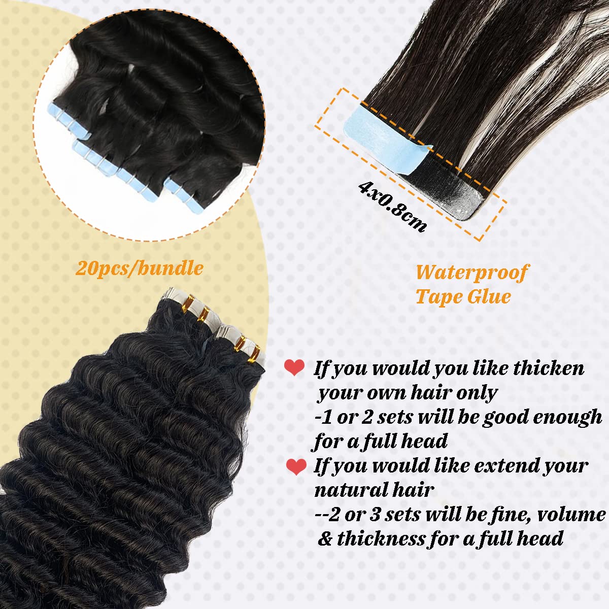 Tape In Hair Extensions Human Hair For Black Women,16Inch Deep Wave Tape In Extensions 9A Brazilian Virgin Hair Curly Wave Tape