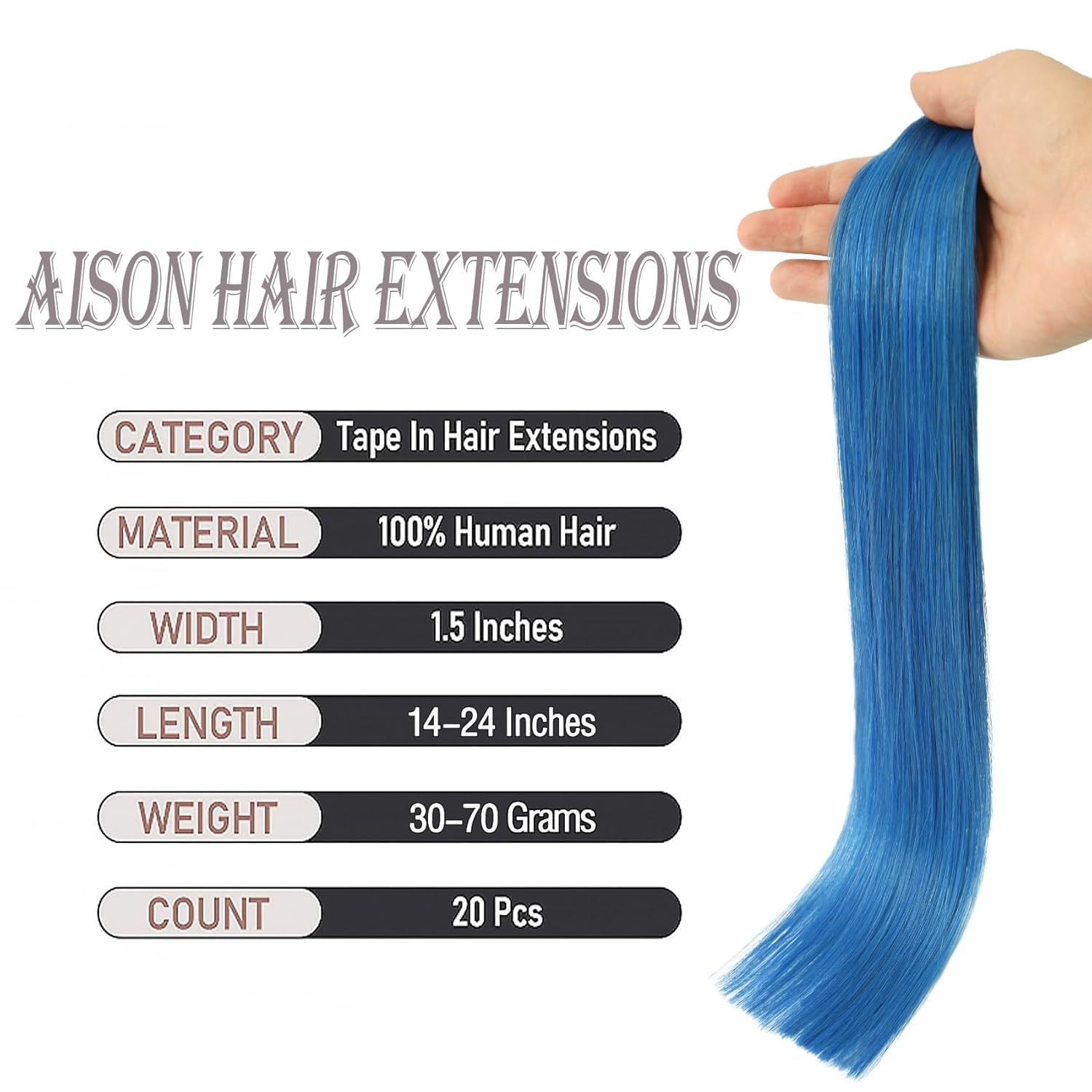 Aison Blue Tape in Hair Extensions 100% Remy Human Hair Extensions Silky Straight for Women 20 Pcs/Package(14Inch #Blue 30g)