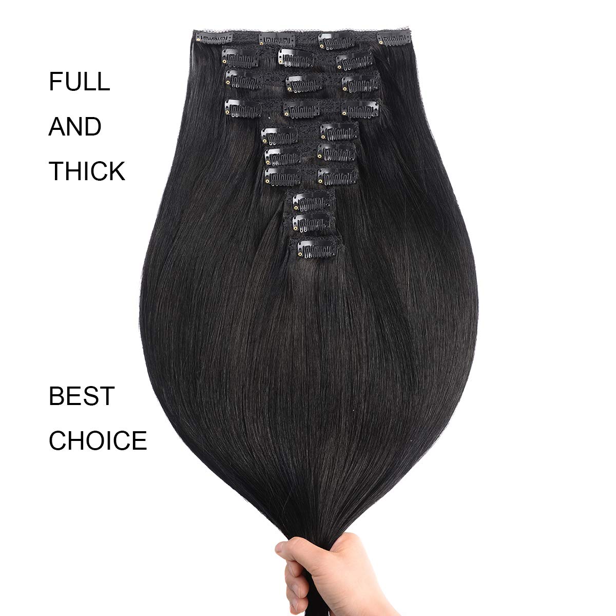 22'' Clip In Human Hair Extensions Full Head 200G 10 Pieces 22 Clips 1# Jet Black Double Weft Brazilian Real Remy Hair Extension
