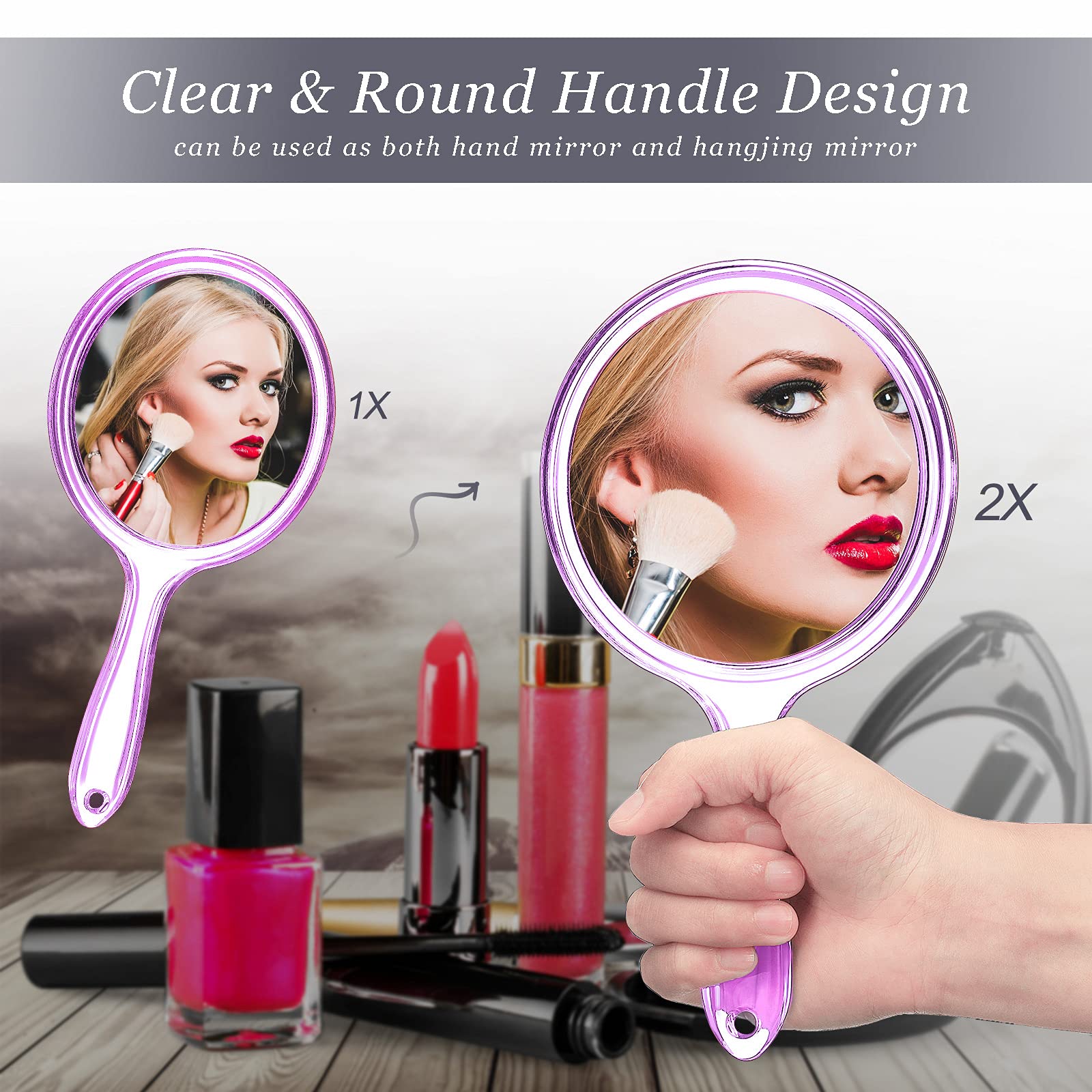 Jetec Double Sided Handheld Mirror - 1X/ 2X Magnifying Mirror with Handle - Rounded Shape Makeup Mirror (Purple)