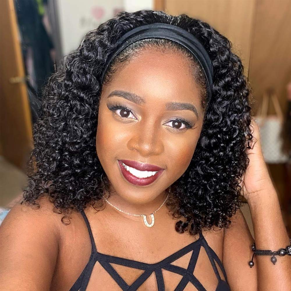 Rebasar Headband Wigs Human Hair 10 Inch Glueless Short Curly Headband Wigs for Black Women Human Hair None Lace Front Wear and 