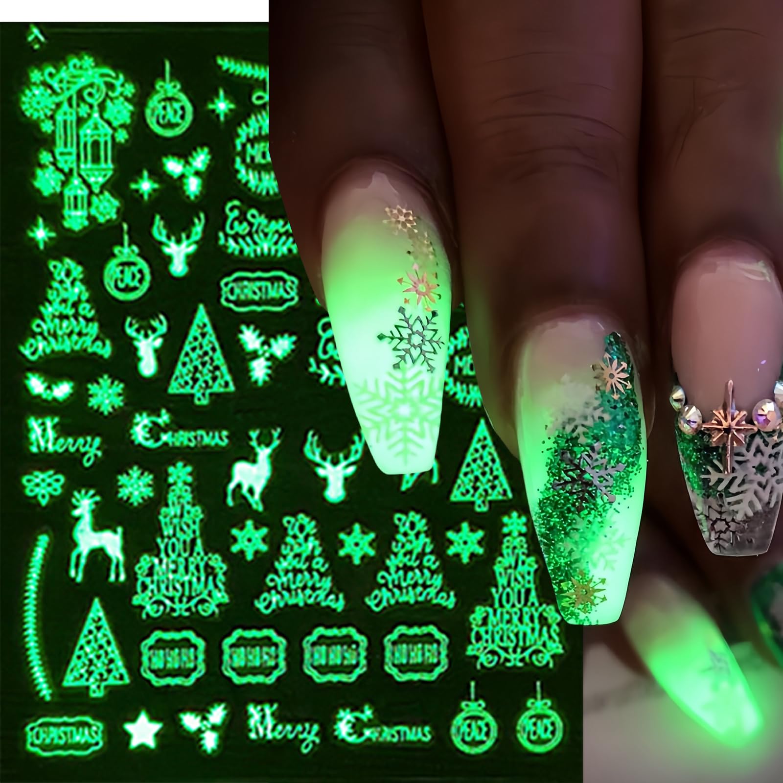 8 Sheets Christmas Luminous Nail Art Stickers Santa Claus Snowflake Elk Snowmen Nail Decals Xmas Tree Snowball Floral Nail Desig