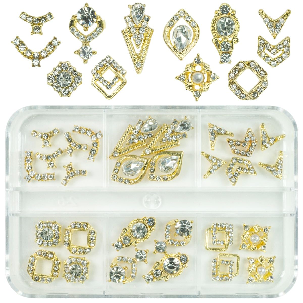 qiipii 28pcs Luxury Nail Charms Alloy Charms for Nails 14 Pair 3D Gold Nail Art Rhinestones Nail Gems Golden Nail Crystal Diamon