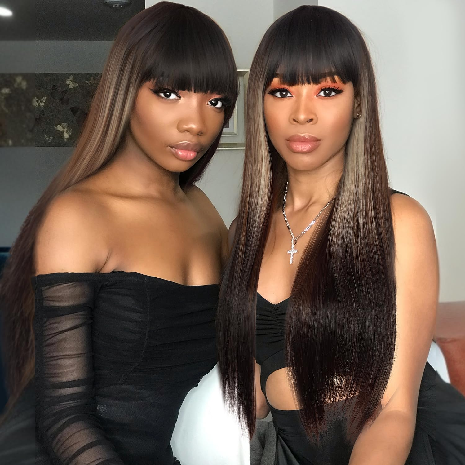 Wiger Straight Dark Brown Wigs With Bangs For Women Highlighted Ombre Long Straight Hair Wig Black-Blonde-Brown Long Wigs With H