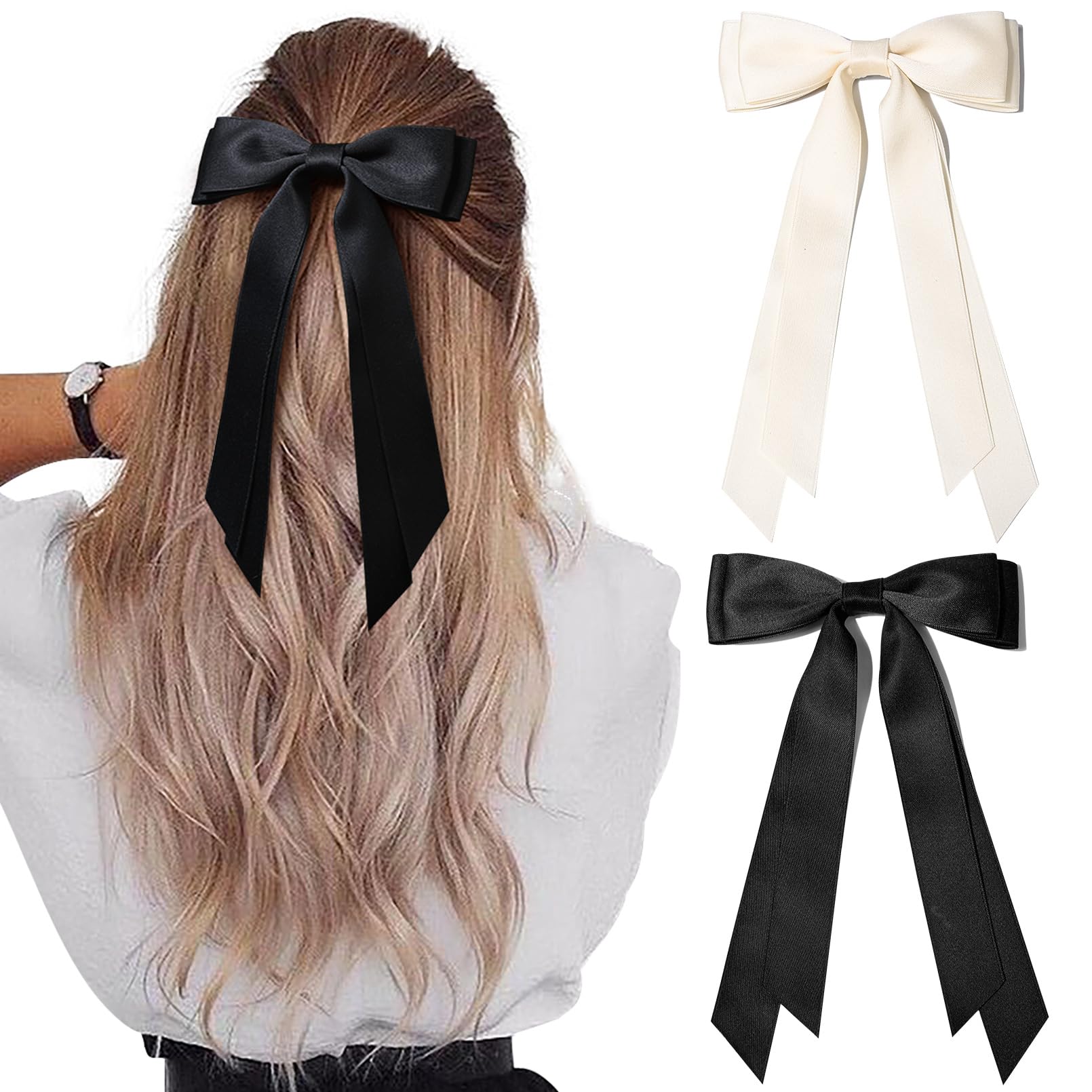 2PCS Silky Satin Hair Bows Hair Clip Beige Black Hair Ribbon Ponytail Holder Accessories Slides Metal Clips Hair Bow for Women G