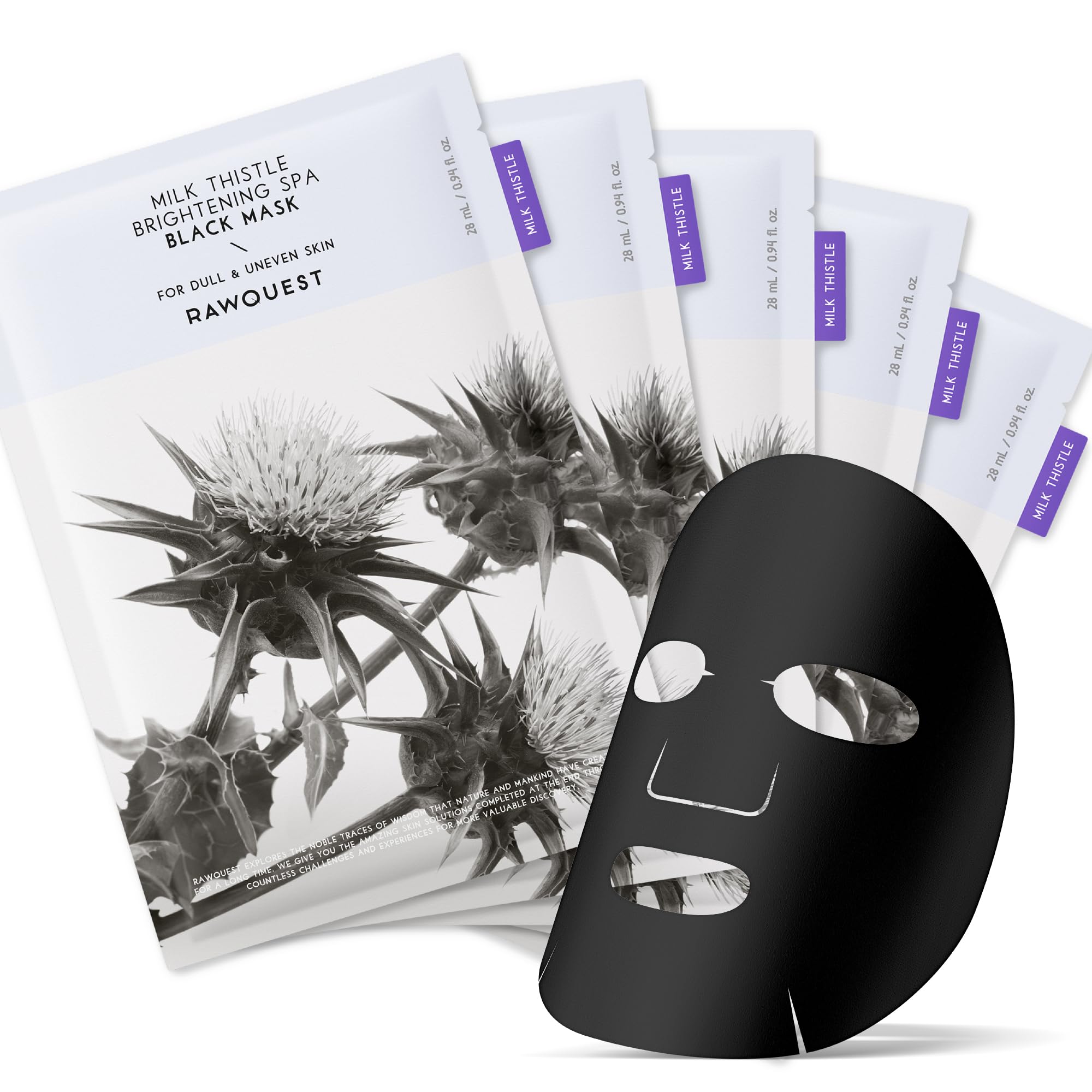 Rawquest- Milk Thistle Brightening Spa Black Mask (5Ea) I Korean Sheet Masks For Face, Hydrating, Moisturizing, Soothing, Firmin