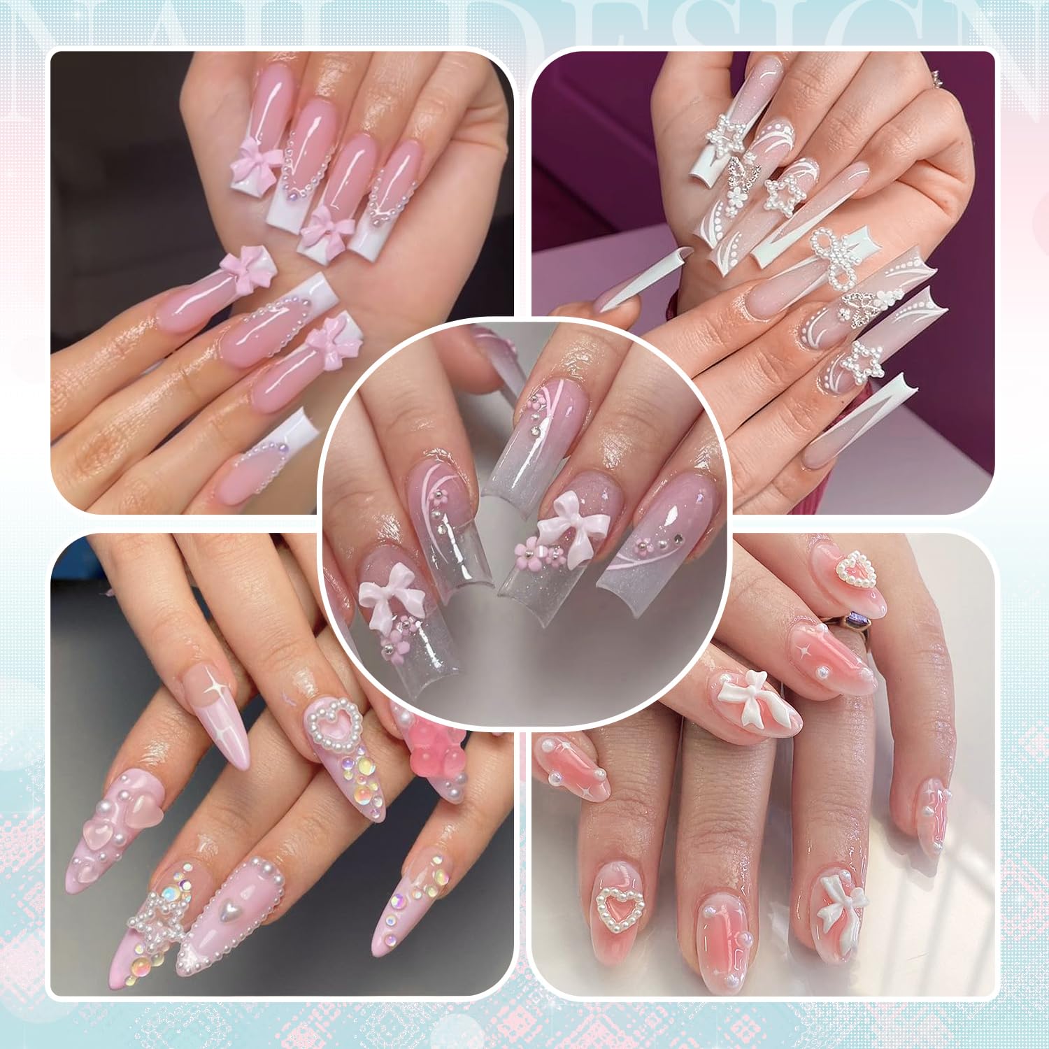 3D Nail Charms For Coquette Nails Design With Rhinestone Glue Set 2, White Pink Nail Bow Charms + Pearl Heart Star Moon Bowknot