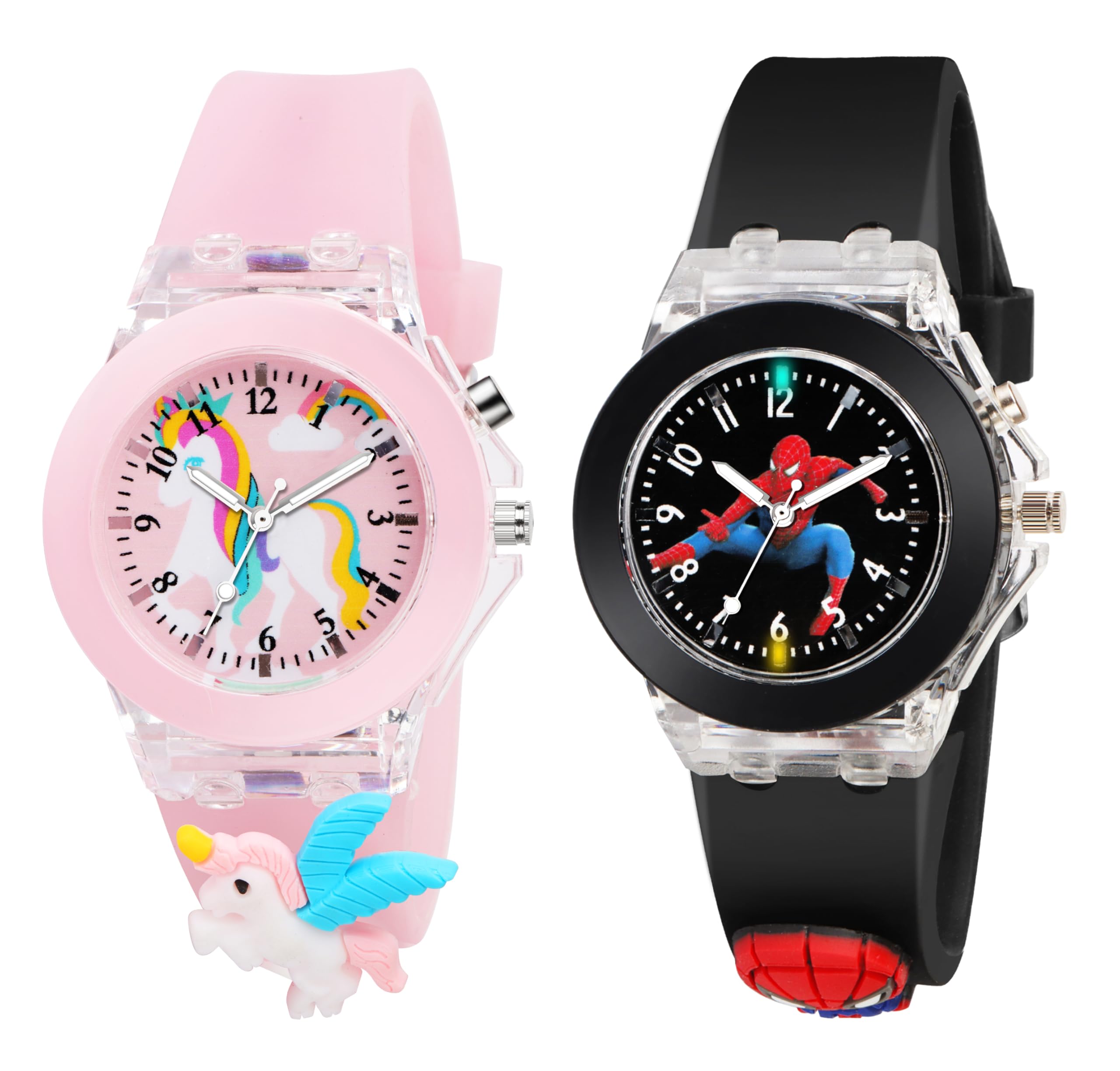 Matrix Kids Fusion Edition 3D Cartoon Analog Watch With Lights | 3D Cartoon Character On Strap | For Kids (Pack Of 2) (Pink & Bl