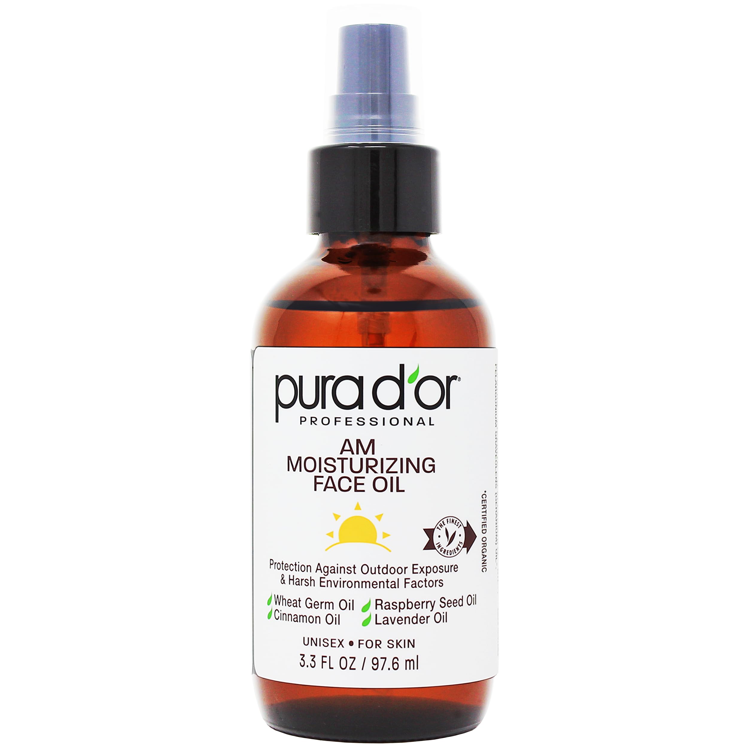 PURA D'OR 3.3 Oz ORGANIC AM Moisturizing Face Oil - Morning Glow Hydrating Skincare -Lightweight Moisturizer for Glowing Skin - 