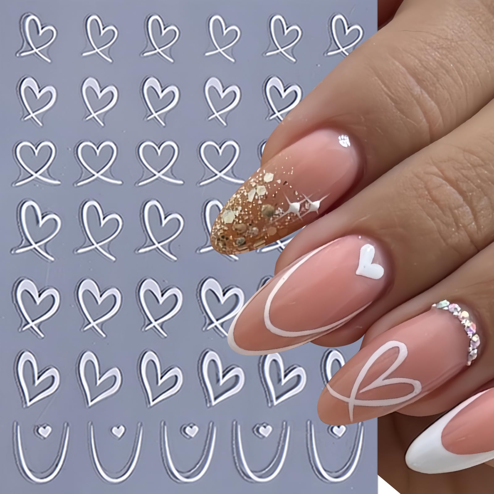 8Pcs Valentine'S Day Nail Art Stickers Hollow Hearts Nail Decals 3D Self Adhesive Black White Pink Peach Heart Shaped Nail Desig