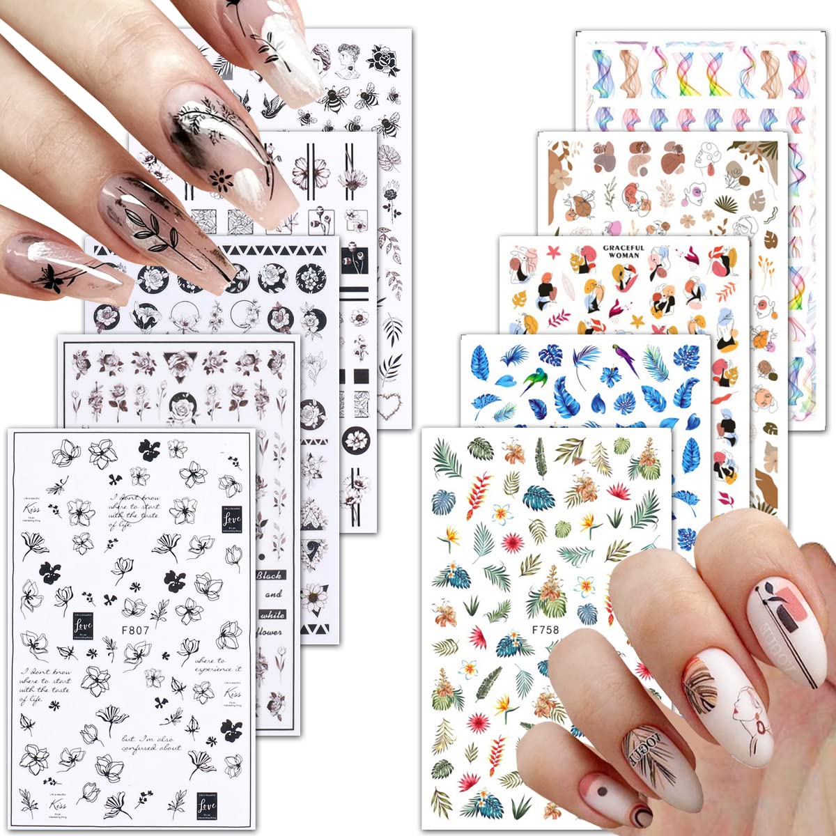 Flowers Nail Decals Art Sticker, KINGMAS 10 Sheet Flowers/Feathers/Lines/Leaves Self-Adhesive DIY Nail Art Stickers Fingernails 