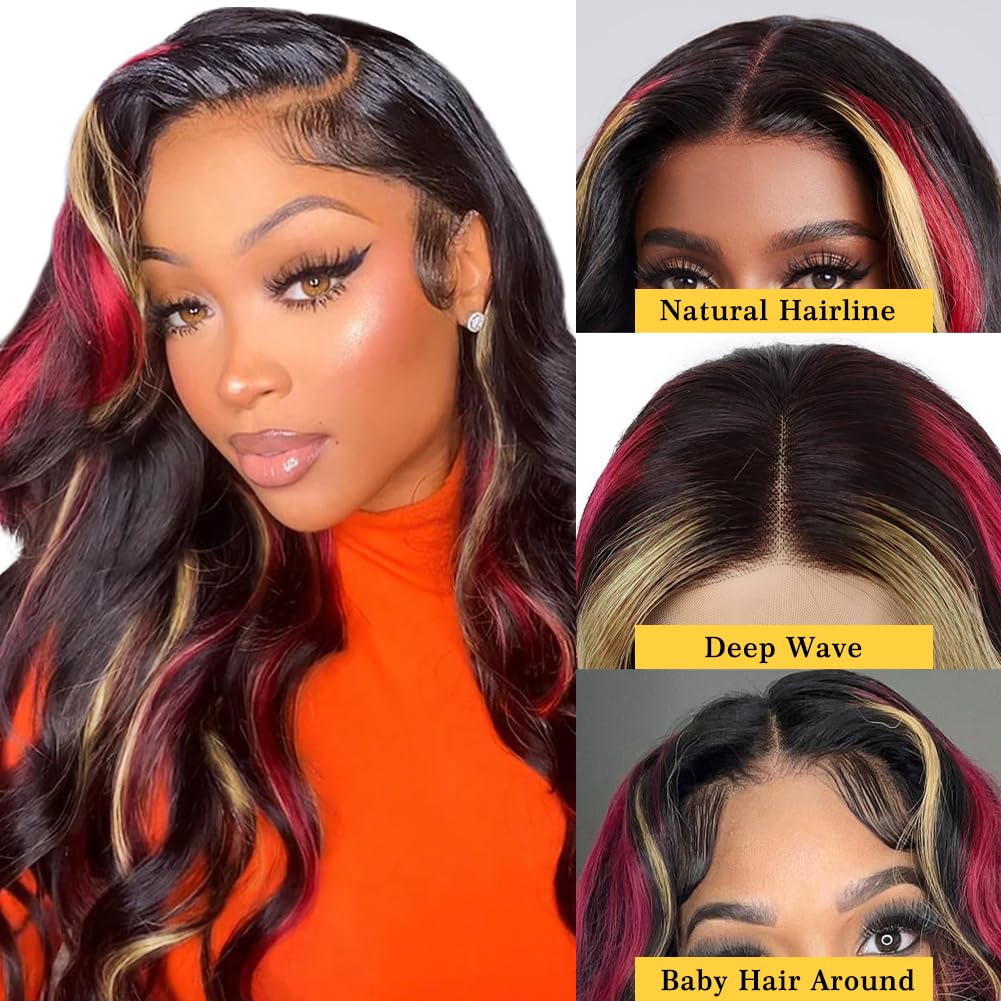 Faba Skunk Stripe Wigs Black Red Blonde Highlights Wig Human Hair 32 Inch 13X4 Hd Lace Front Wig Human Hair 180% Density Black A
