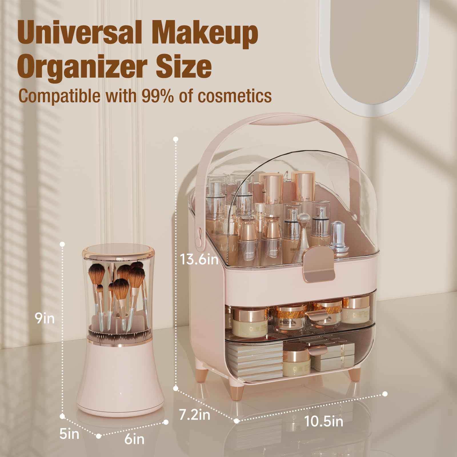 CLBDRESS Makeup Organizer, Skin Care Organizer with Drawers and Lid, Cosmetic Storage Box with Handle, 360 Rotating Display Case