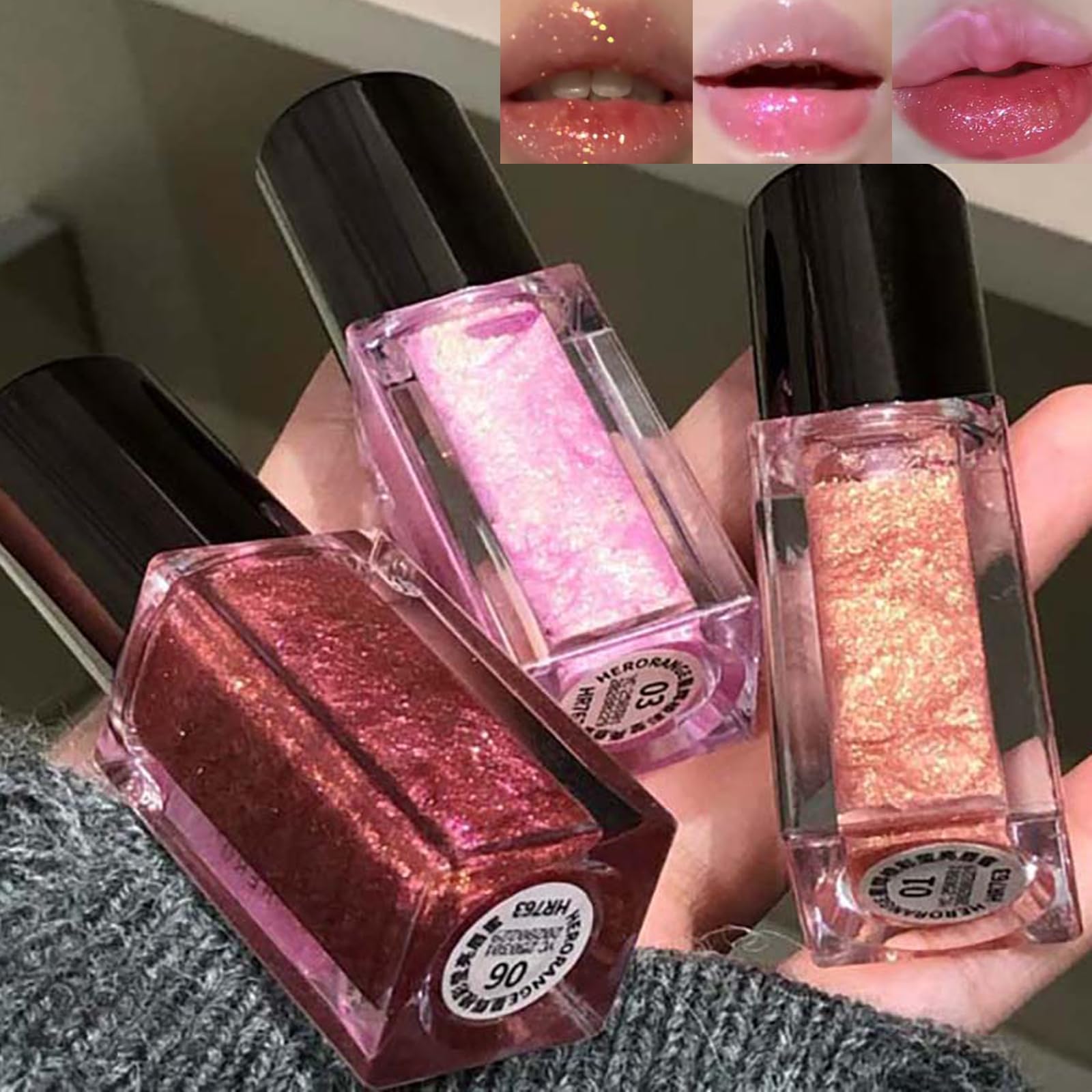 Petansy Diamond Lip Gloss,3 Colors Shimmery Glitter Moisturizing Lip Gloss,Plumping Lip Oil,Sparkle Sparkling Lipstick,Long Last