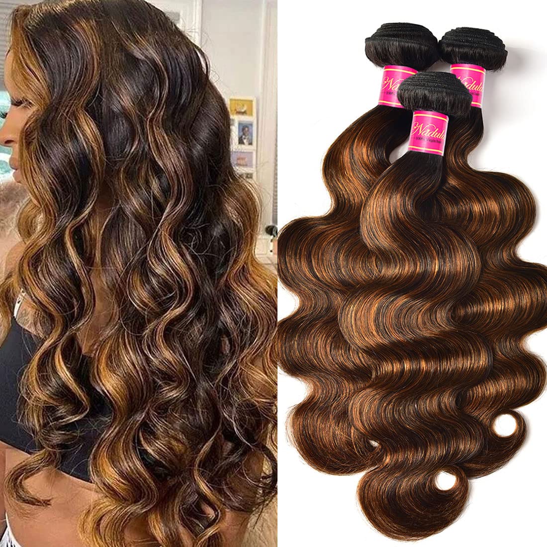 Nadula Hair 12A Brown Balayage Ombre Body Wave Human Hair Weave 3 Bundles, Brazilian Highlight Remy Hair Chocolate Brown Human H