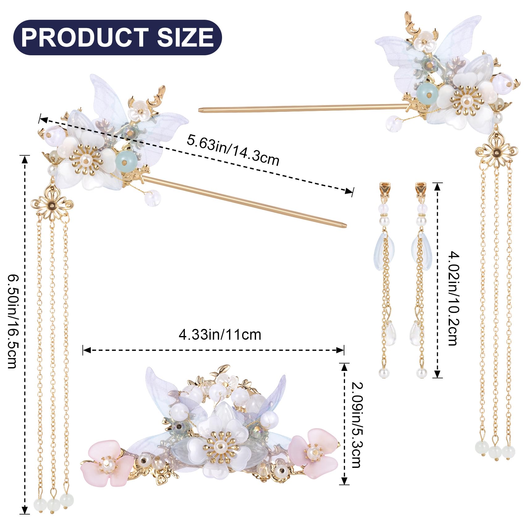 Hinzic 5Pcs Bluebell Tassels Hairpin, Crystal Rhinestone Pearl Hair Clips Headpiece Retro Flower Chinese Hanfu Wedding Brides Ha