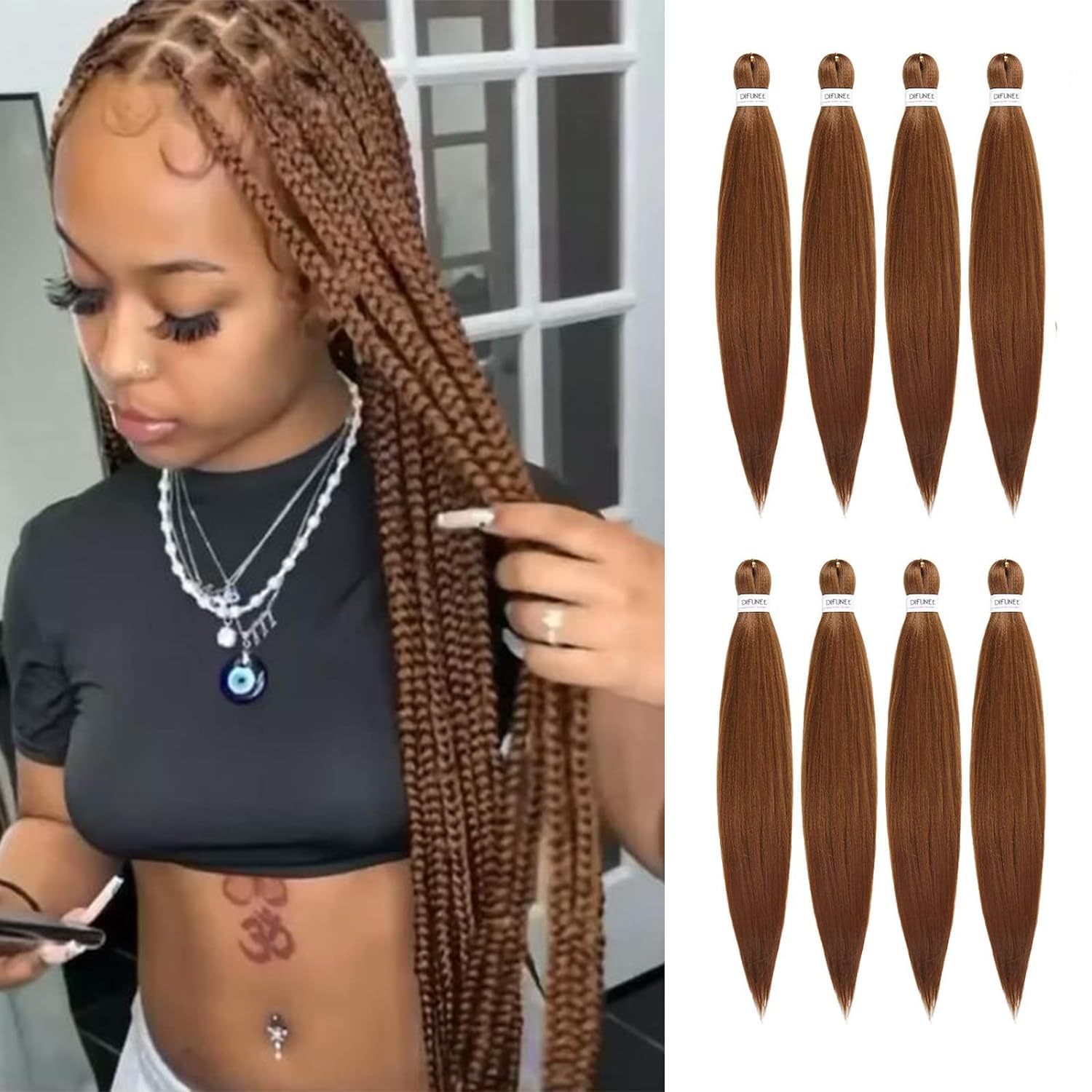 Difunee Pre-Stretched Braiding Hair - 24 Inch 8 Packs Brown Long Braiding Hair For Twist Or Box Braids, Yaki Texture Hot Water S