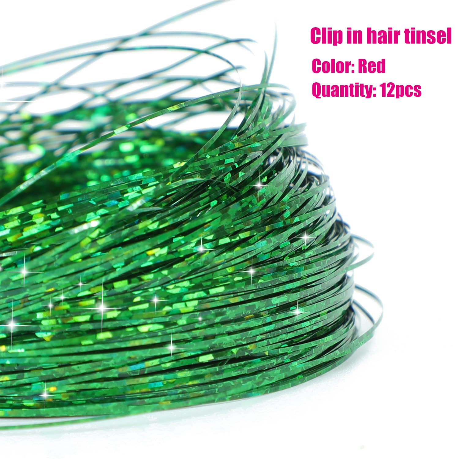 12Pcs Hair Tinsel Clip In 19.6Inch Glitter Tinsel Hair Extensions Clip In Hair Tinsel Kit Heat Resistant Shiny Sparkle Fairy Hai